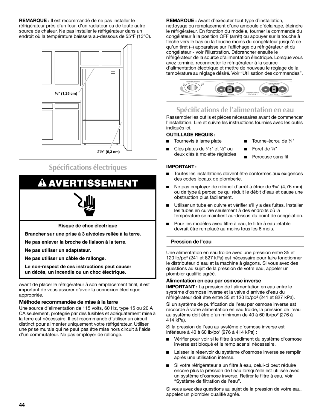 Maytag MFD2562VEW Spécifications électriques, Spécifications de l’alimentation en eau, Pression de leau 