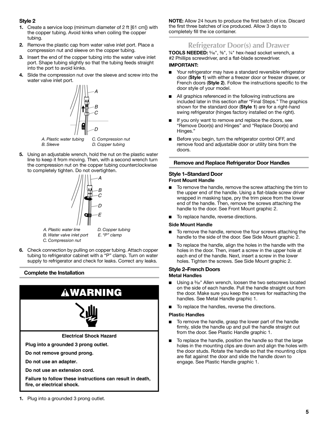 Maytag MFD2562VEW installation instructions Refrigerator Doors and Drawer, Complete the Installation, Style 2-French Doors 