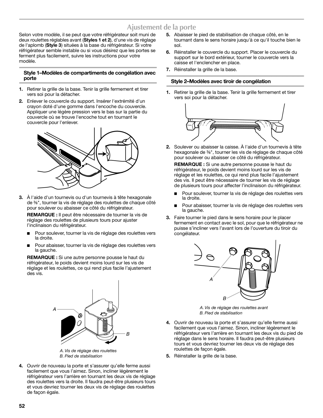 Maytag MFD2562VEW Ajustement de la porte, Style 1-Modèles de compartiments de congélation avec porte 