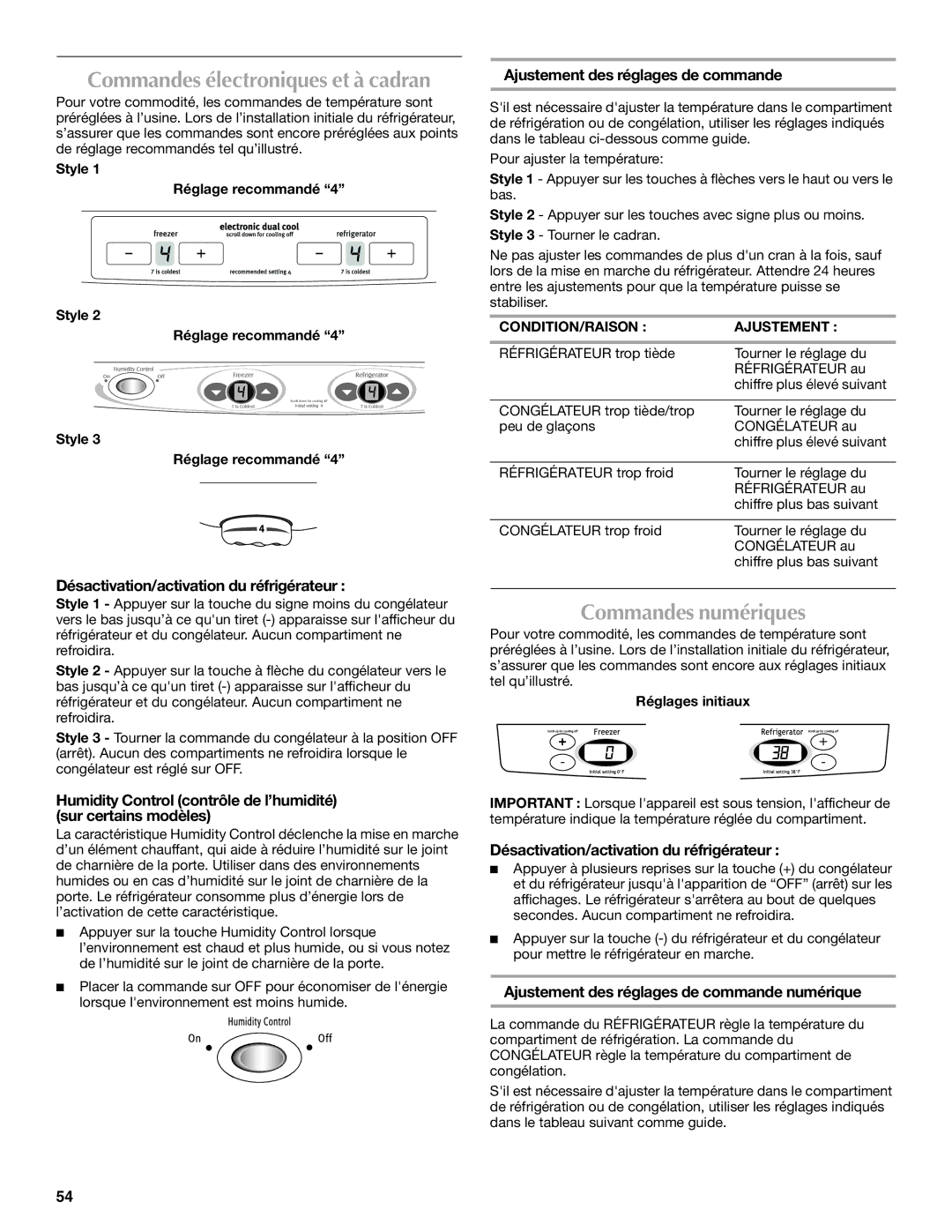 Maytag MFD2562VEW Commandes numériques, Désactivation/activation du réfrigérateur, Ajustement des réglages de commande 