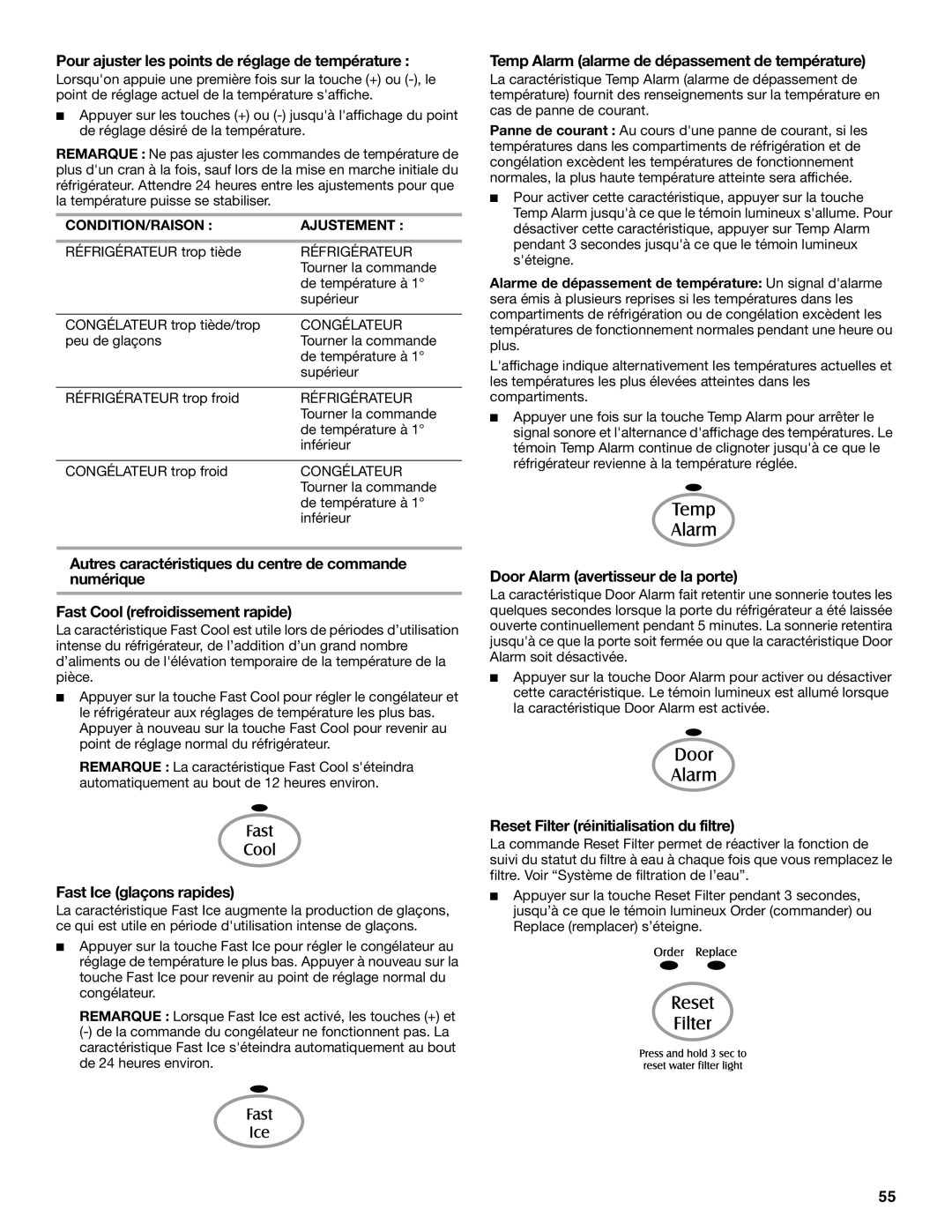 Maytag MFD2562VEW Pour ajuster les points de réglage de température, Temp Alarm alarme de dépassement de température 