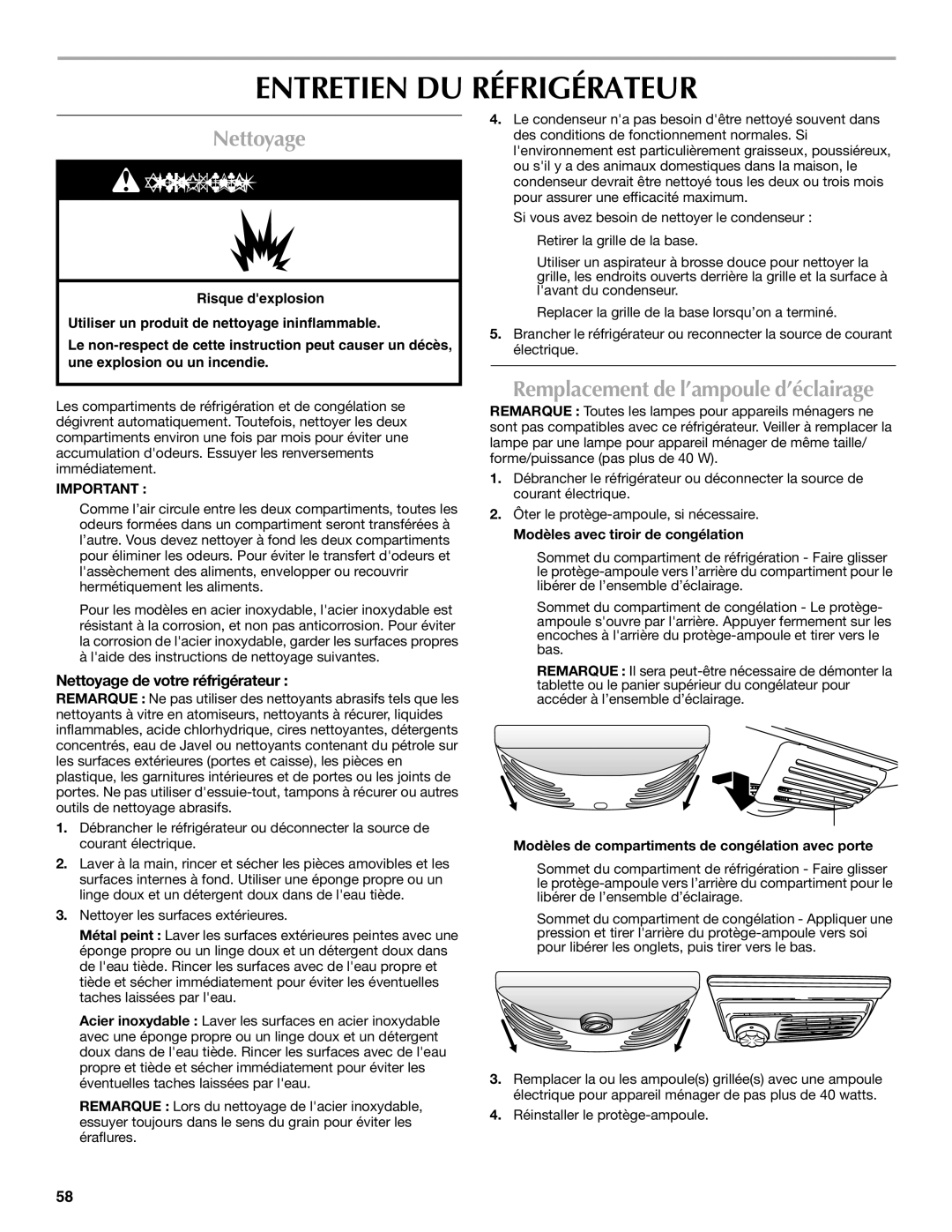 Maytag MFD2562VEW installation instructions Entretien DU Réfrigérateur, Nettoyage, Remplacement de l’ampoule d’éclairage 