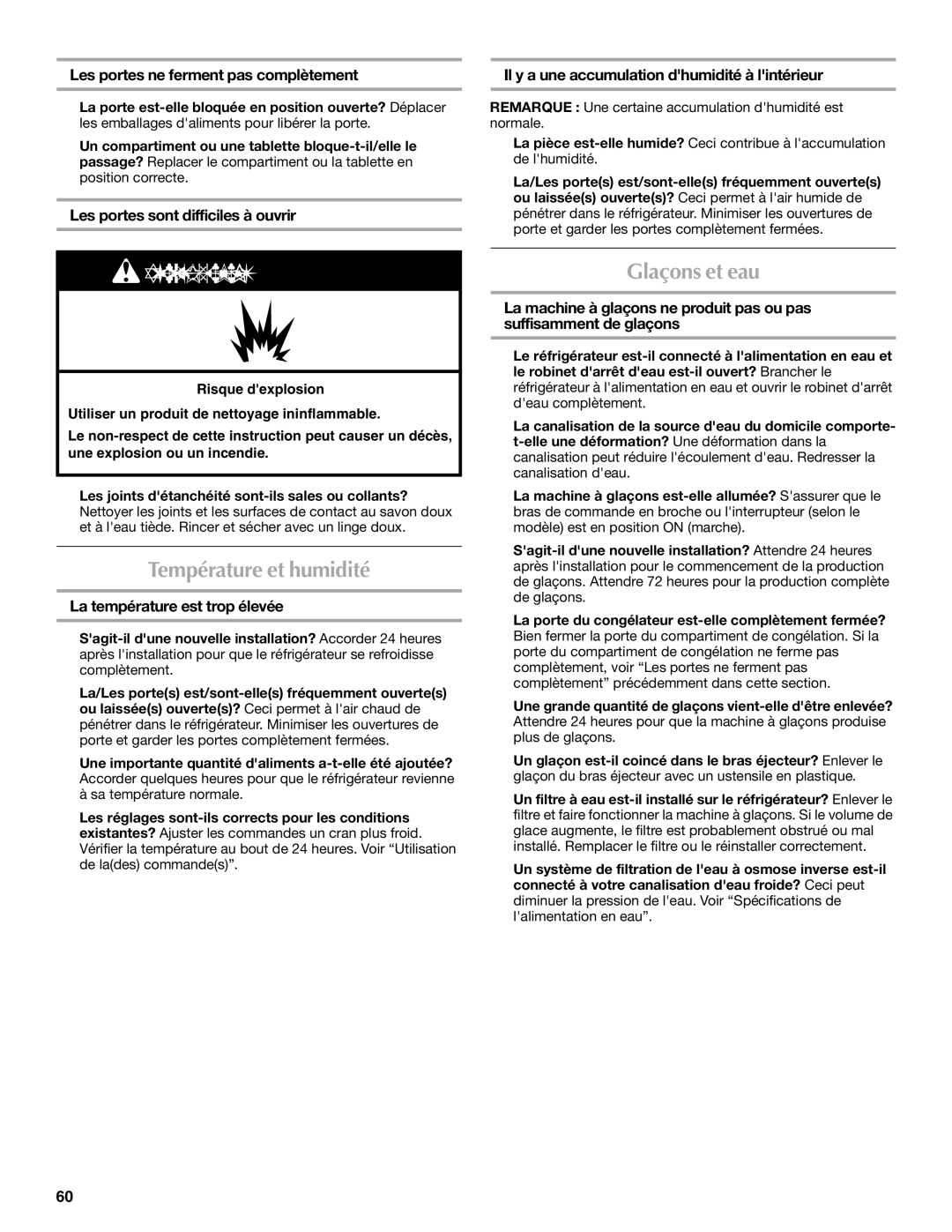 Maytag MFD2562VEW installation instructions Température et humidité, Glaçons et eau, Les portes ne ferment pas complètement 