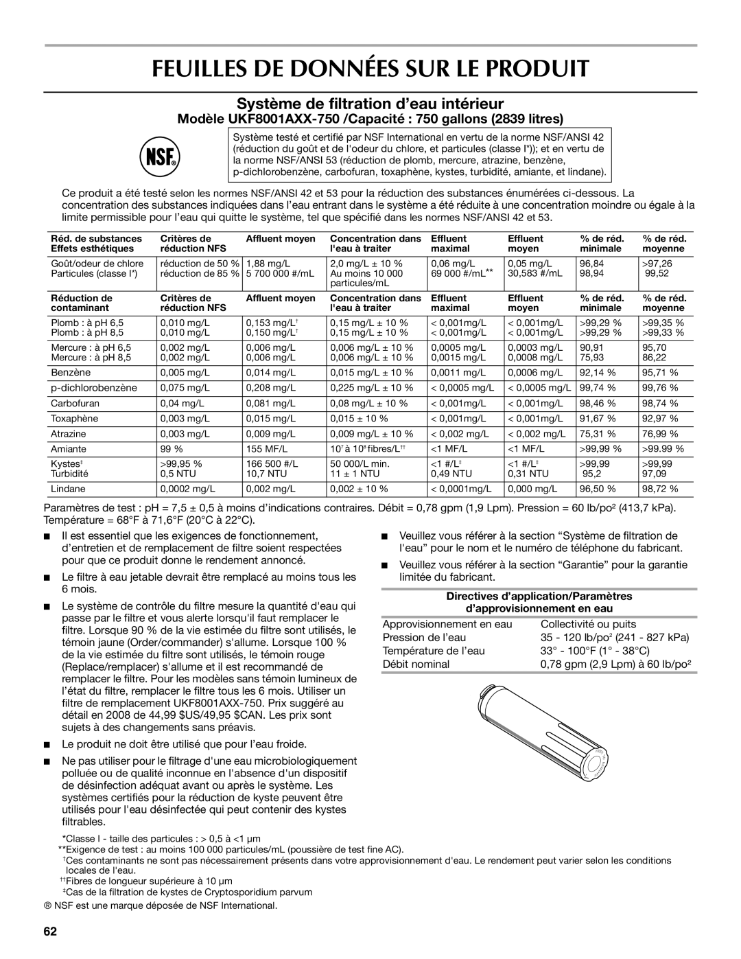 Maytag MFD2562VEW installation instructions Feuilles DE Données SUR LE Produit, Système de filtration d’eau intérieur 