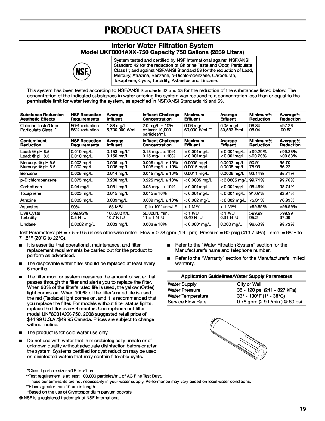 Maytag MFD2562VEW installation instructions Product Data Sheets, Interior Water Filtration System 
