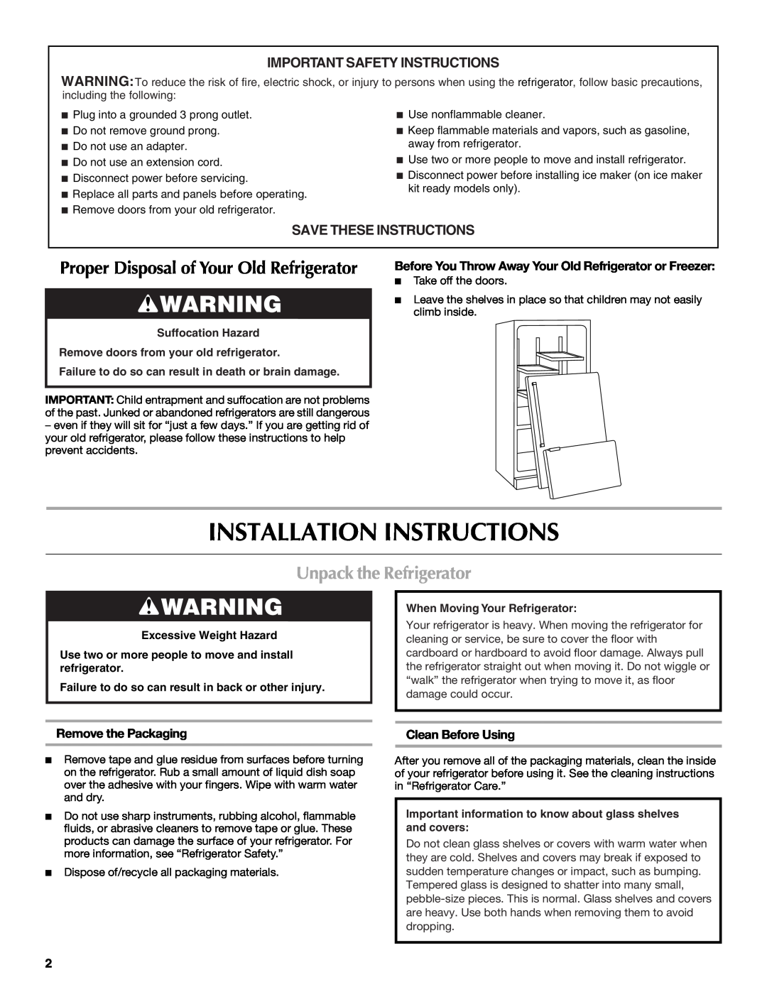 Maytag MFD2562VEW Installation Instructions, Unpack the Refrigerator, Proper Disposal of Your Old Refrigerator 
