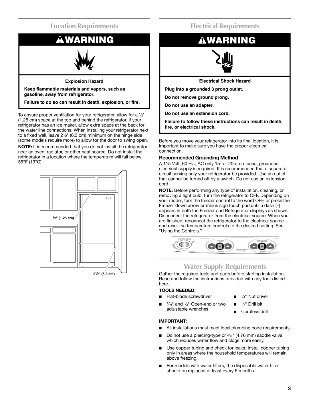 Maytag MFD2562VEW Location Requirements, Electrical Requirements, Water Supply Requirements, Recommended Grounding Method 
