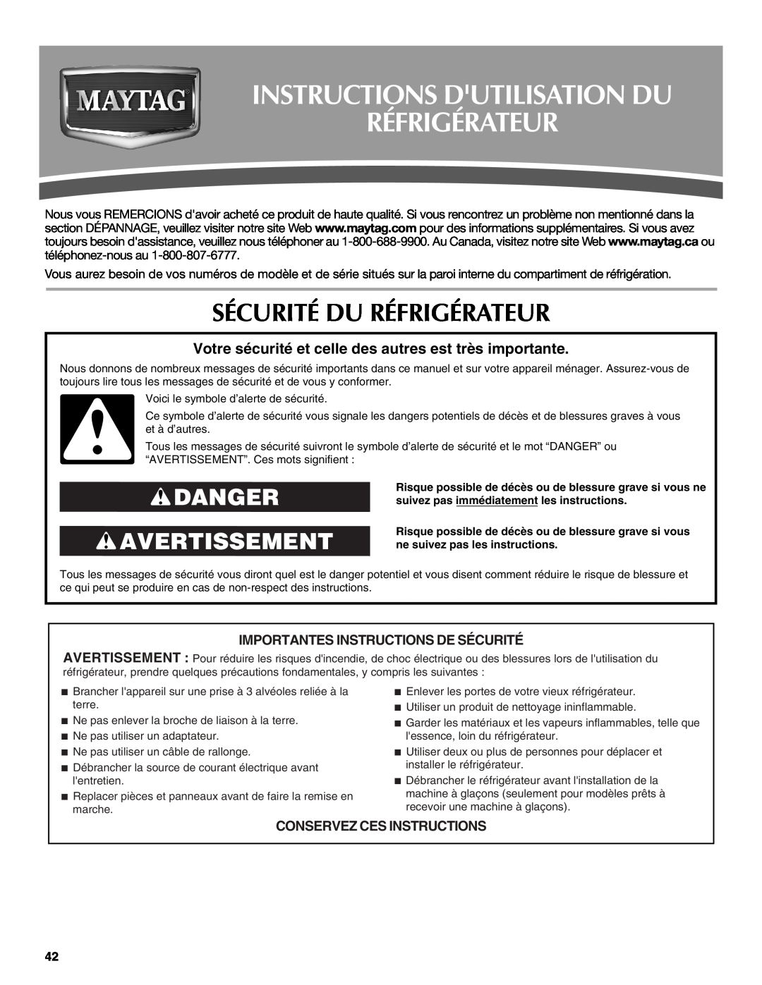Maytag MFD2562VEW Instructions Dutilisation Du Réfrigérateur, Sécurité Du Réfrigérateur, Danger Avertissement 