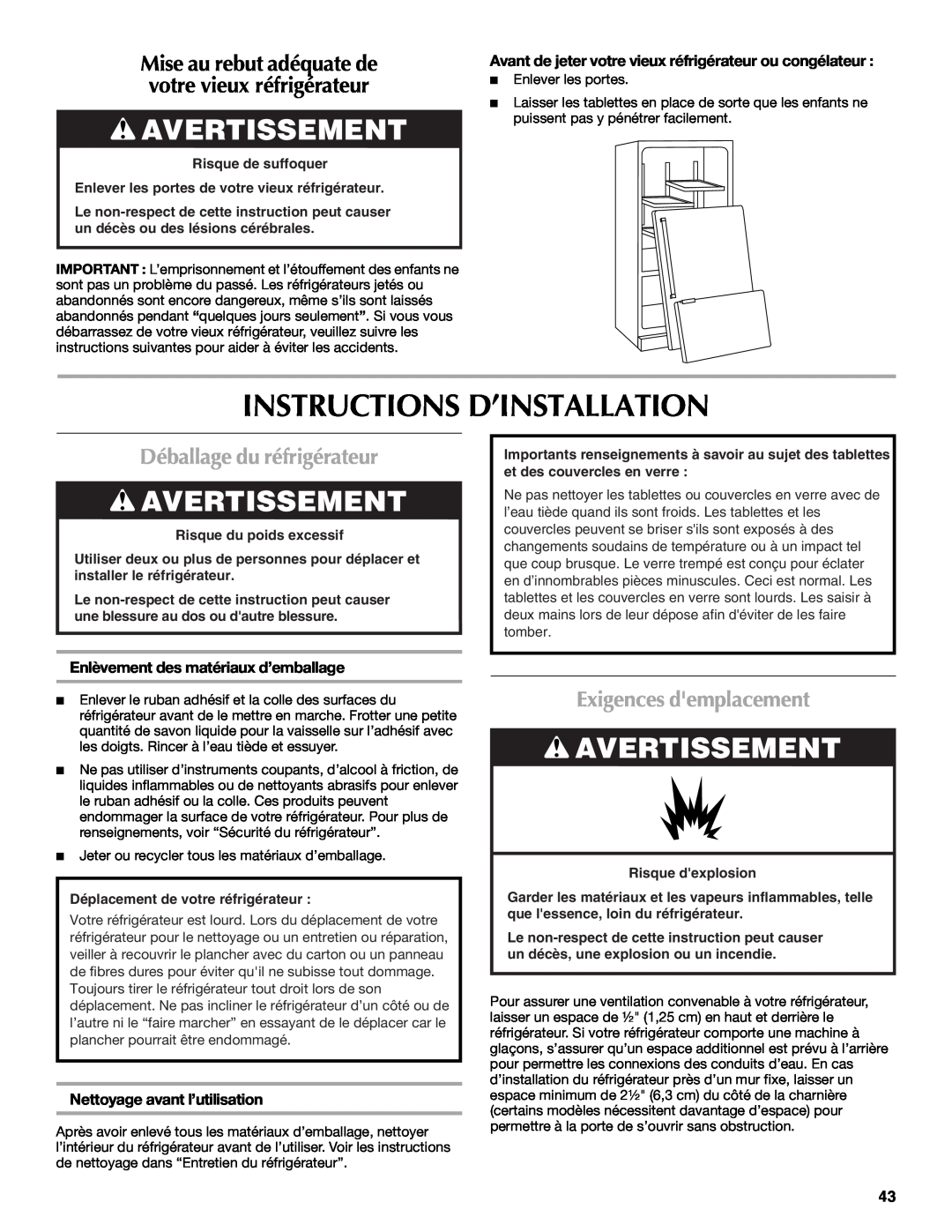 Maytag MFD2562VEW Instructions D’Installation, Avertissement, Déballage du réfrigérateur, Exigences demplacement 