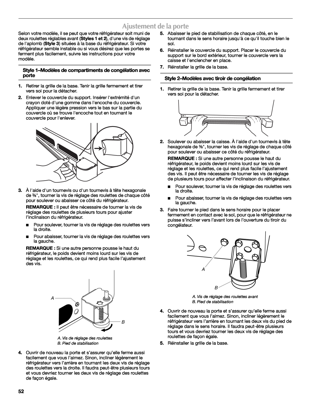 Maytag MFD2562VEW installation instructions Ajustement de la porte, Style 2–Modèlesavec tiroir de congélation 