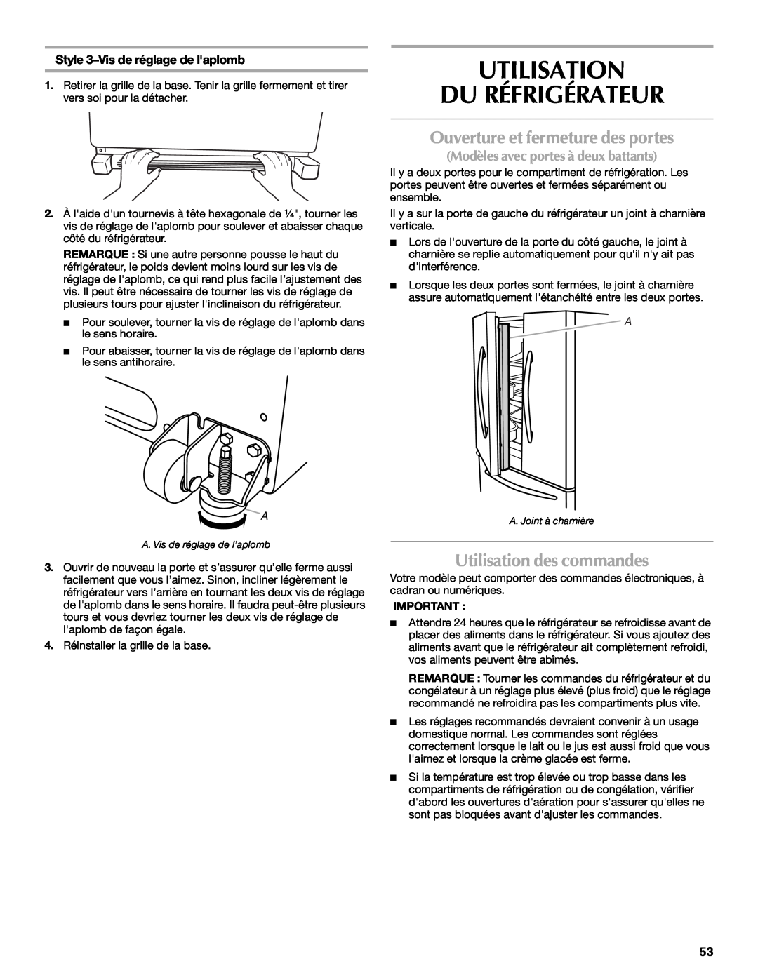 Maytag MFD2562VEW Utilisation Du Réfrigérateur, Ouverture et fermeture des portes, Utilisation des commandes 