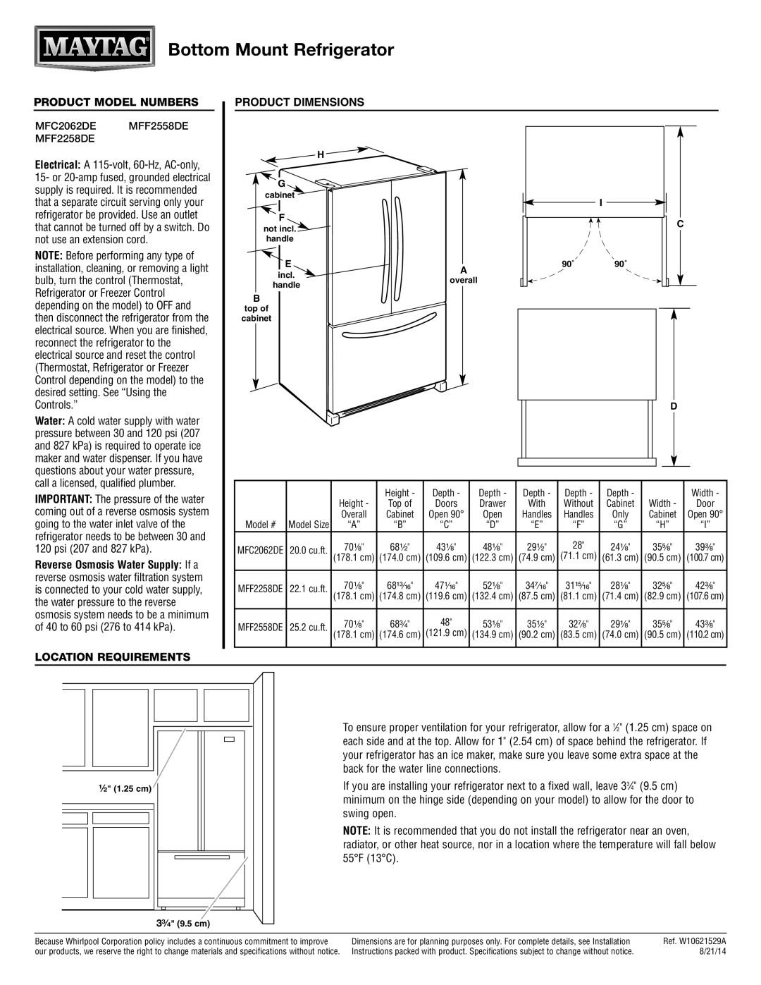 Maytag MFF2258DE dimensions Bottom Mount Refrigerator, Product Model Numbers, Product Dimensions, Location Requirements 