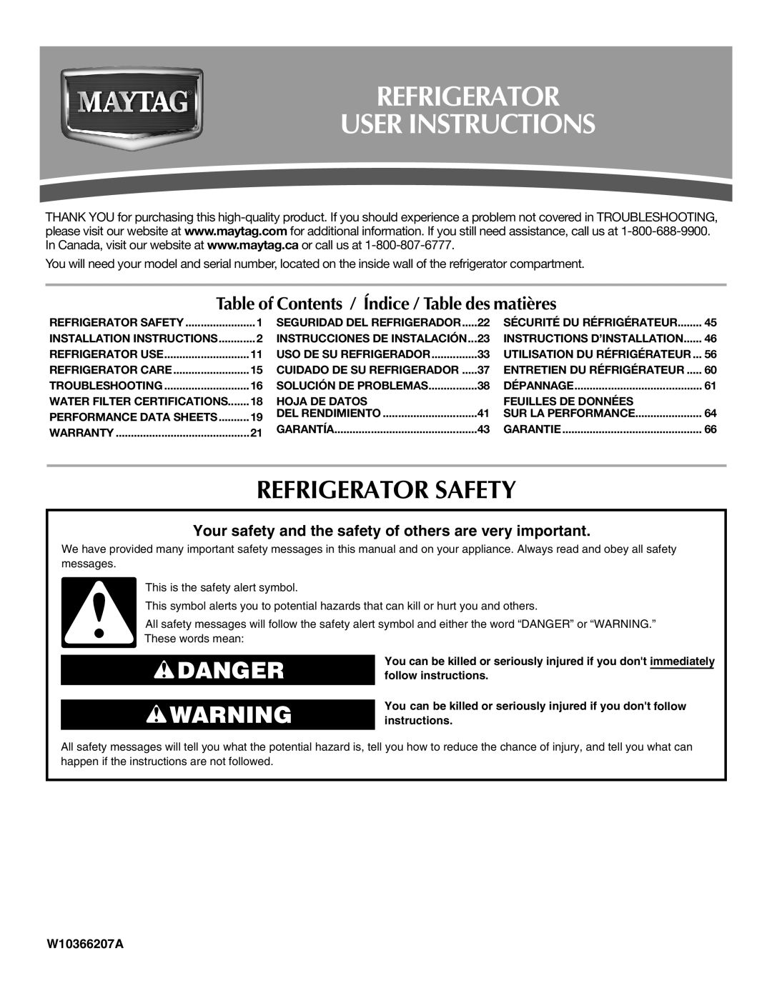 Maytag W10366207A, MFF2558VEM installation instructions Refrigerator User Instructions, Refrigerator Safety 