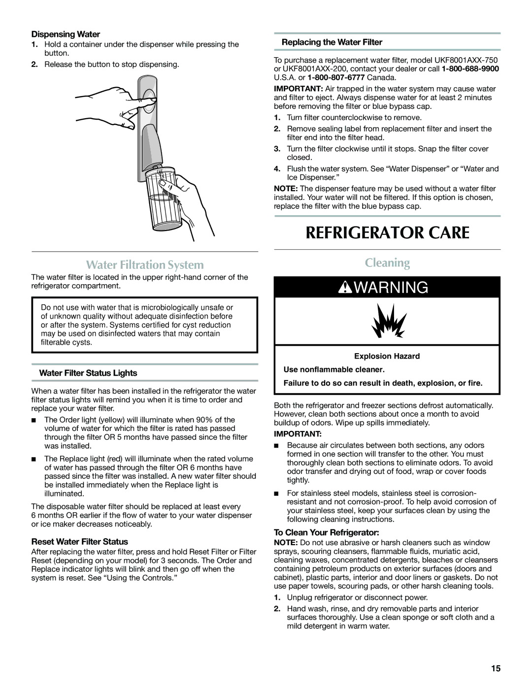 Maytag W10366207A, MFF2558VEM installation instructions Refrigerator Care, Water Filtration System, Cleaning 