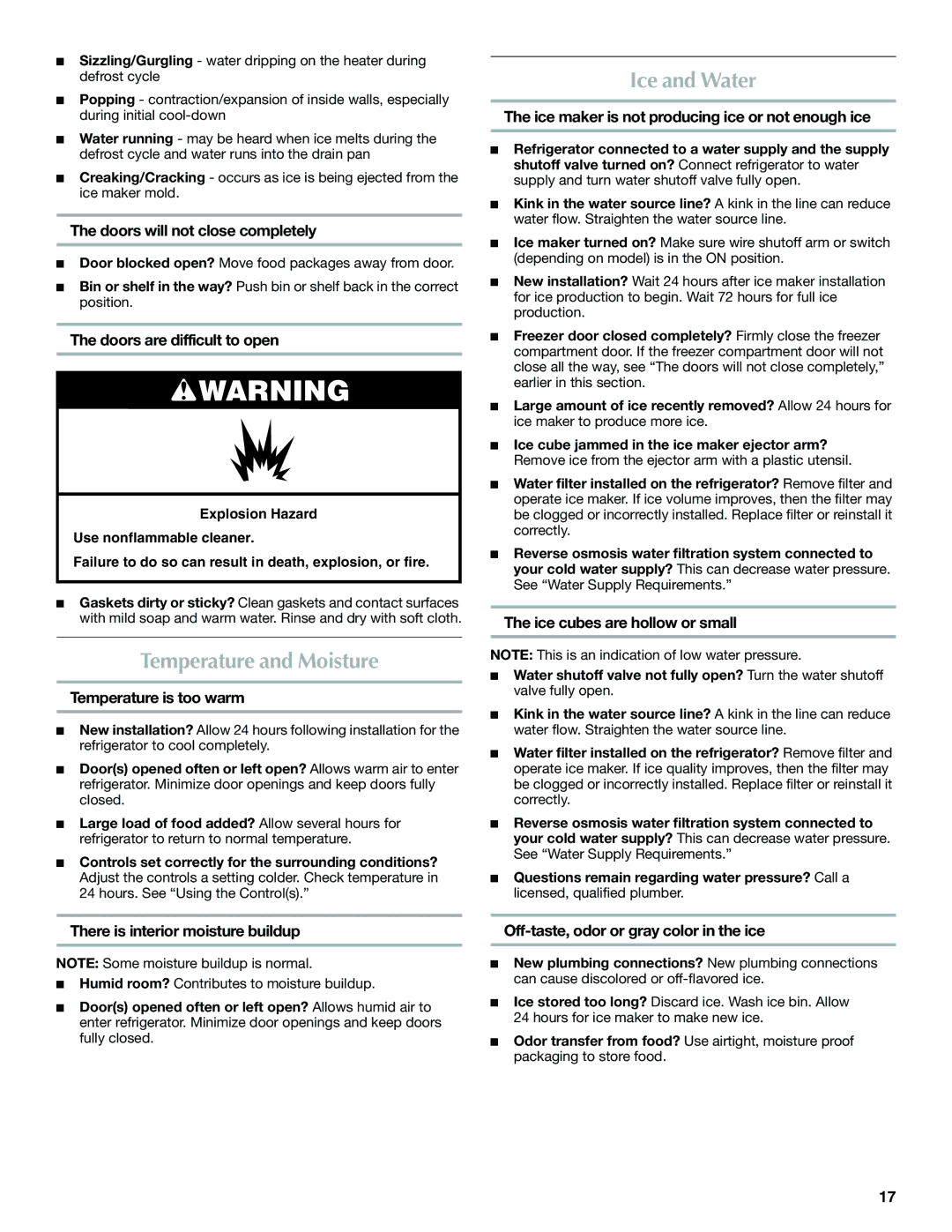 Maytag W10366207A, MFF2558VEM installation instructions Temperature and Moisture, Ice and Water 