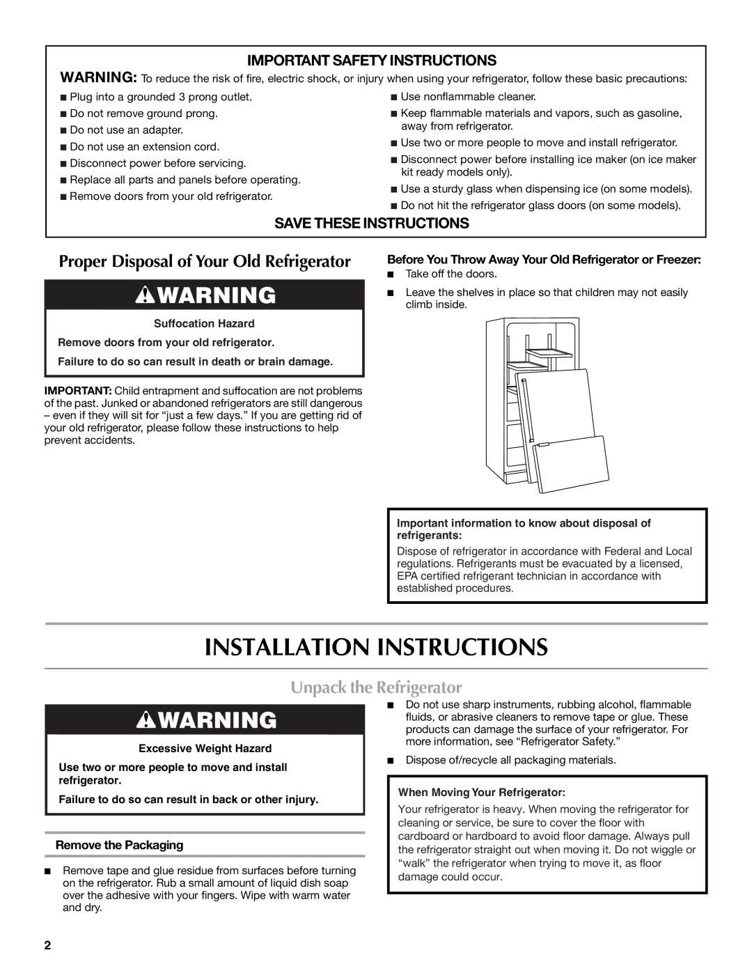 Maytag MFF2558VEM, W10366207A Installation Instructions, Unpack the Refrigerator, Remove the Packaging 