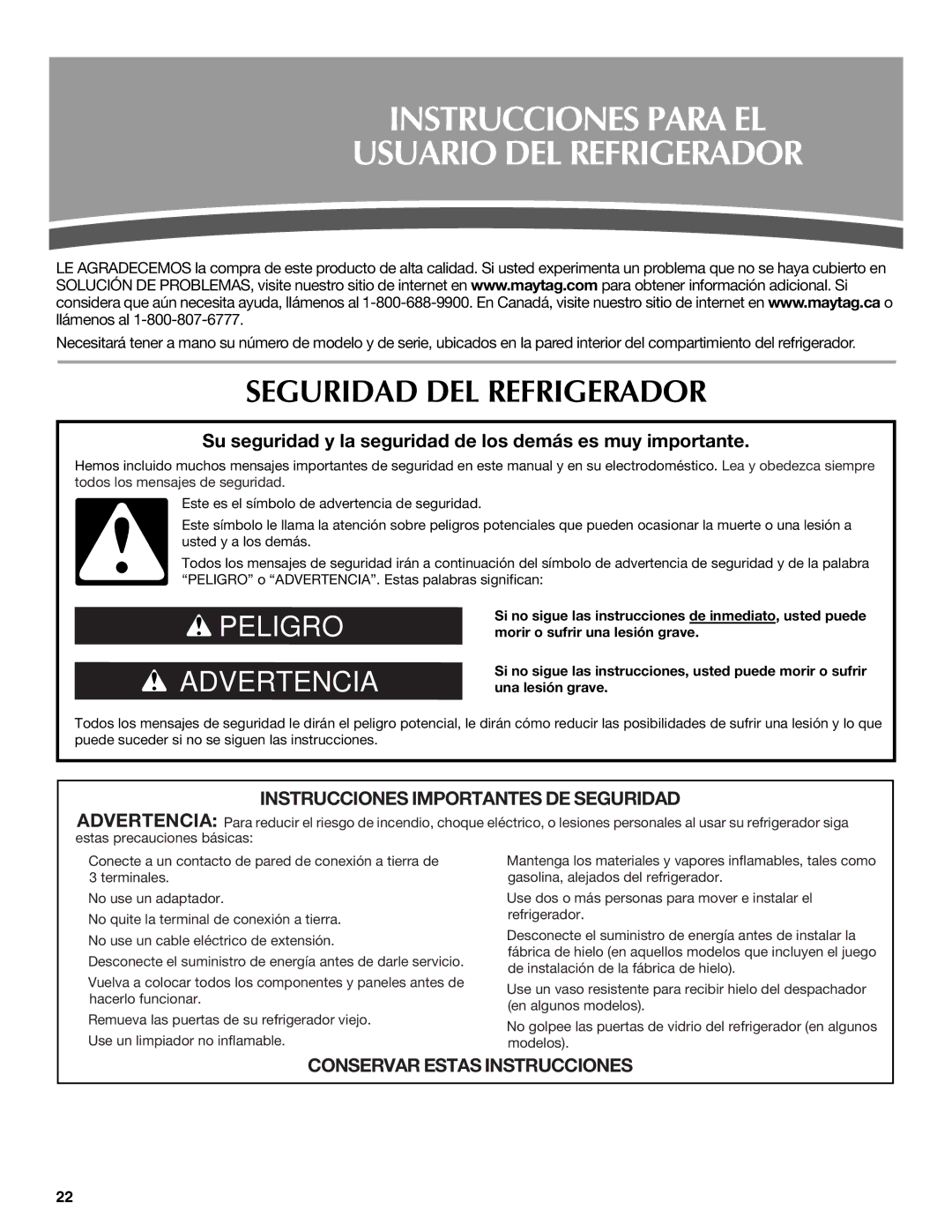 Maytag MFF2558VEM, W10366207A Instrucciones Para EL Usuario DEL Refrigerador, Seguridad DEL Refrigerador 