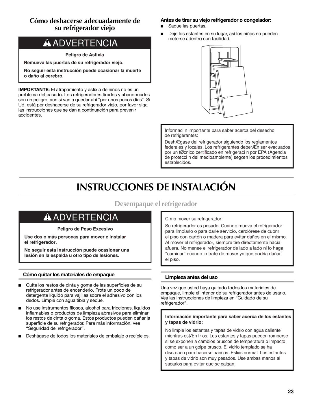 Maytag W10366207A Instrucciones DE Instalación, Desempaque el refrigerador, Cómo quitar los materiales de empaque 