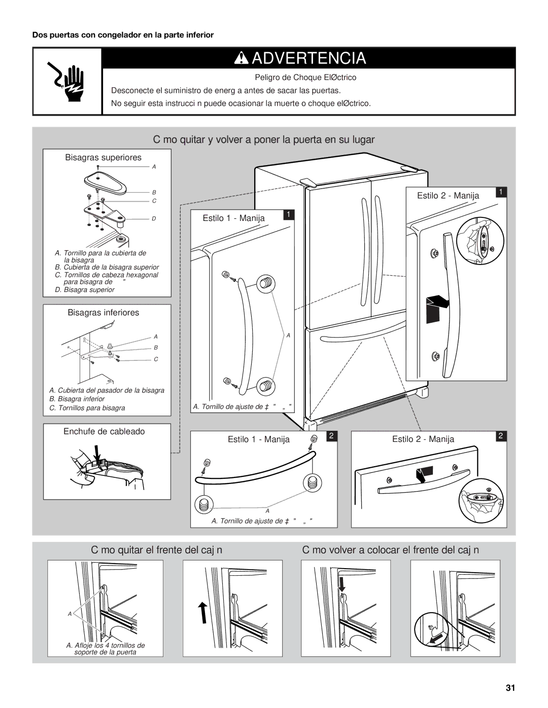 Maytag W10366207A, MFF2558VEM installation instructions Bisagras superiores, Dos puertas con congelador en la parte inferior 