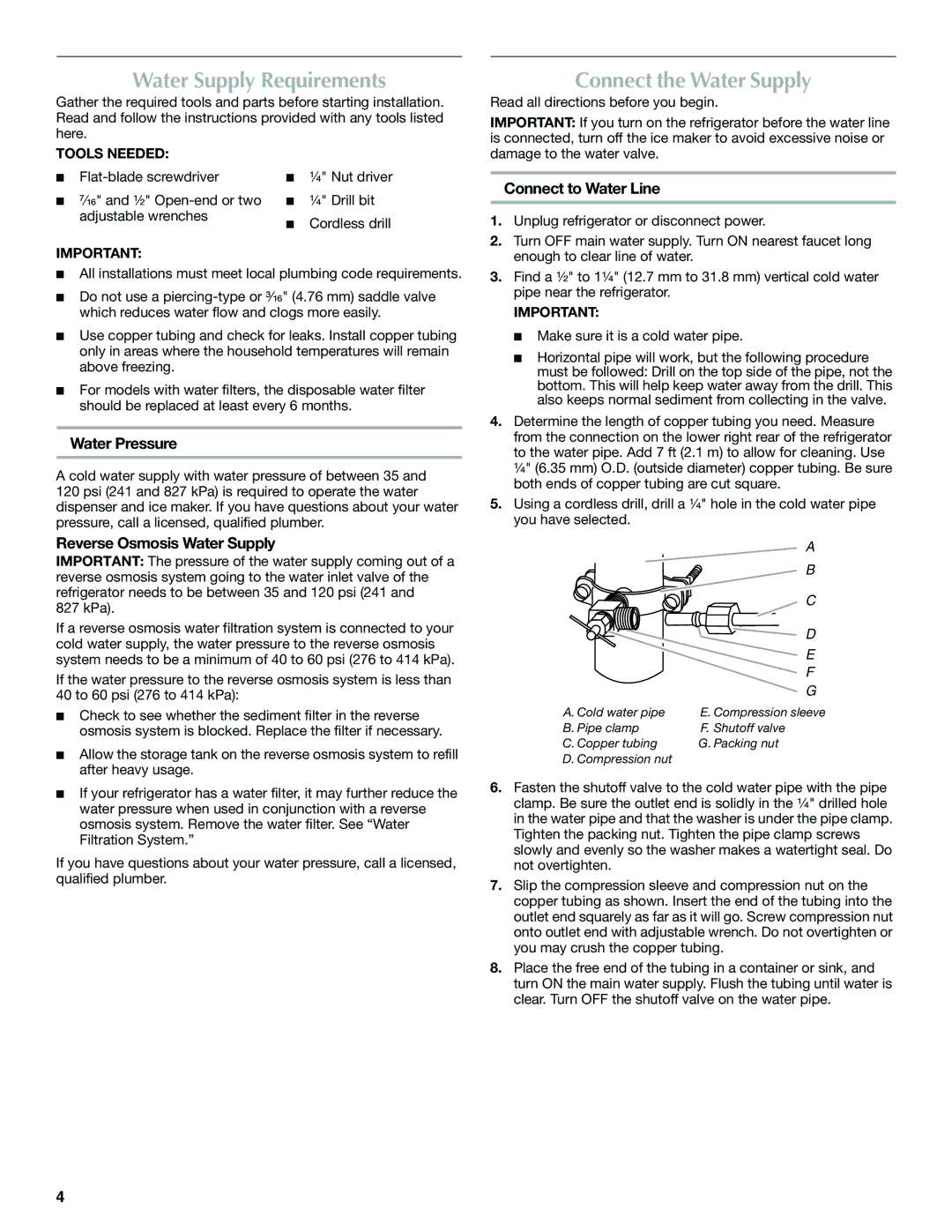 Maytag MFF2558VEM Water Supply Requirements, Connect the Water Supply, Water Pressure, Reverse Osmosis Water Supply 