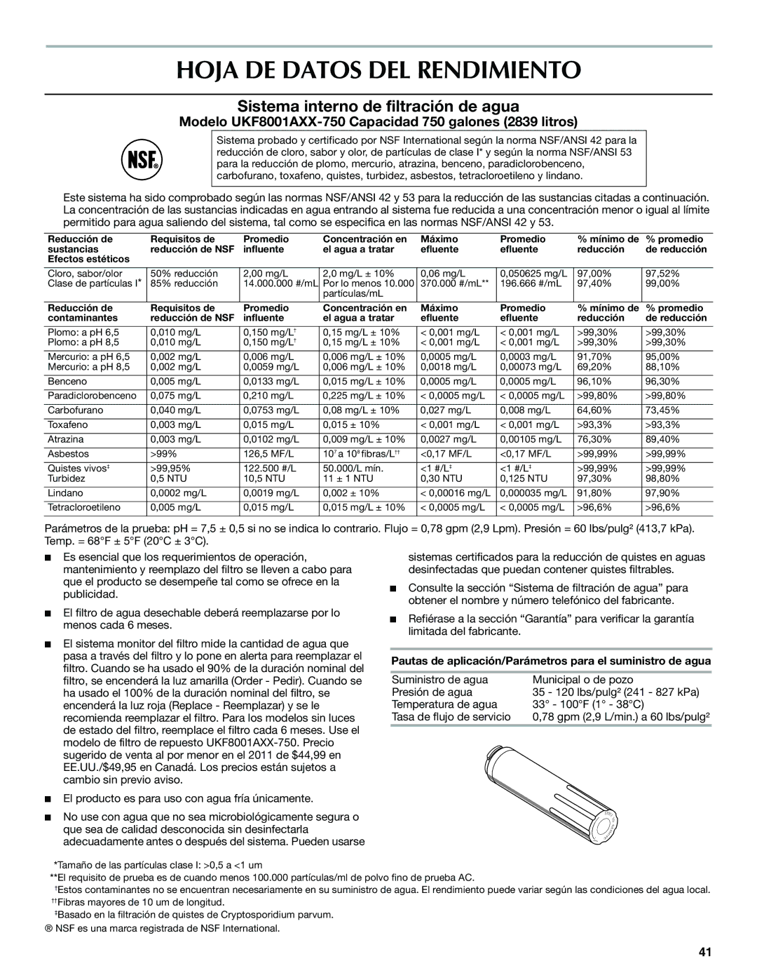 Maytag W10366207A, MFF2558VEM Hoja DE Datos DEL Rendimiento, Pautas de aplicación/Parámetros para el suministro de agua 