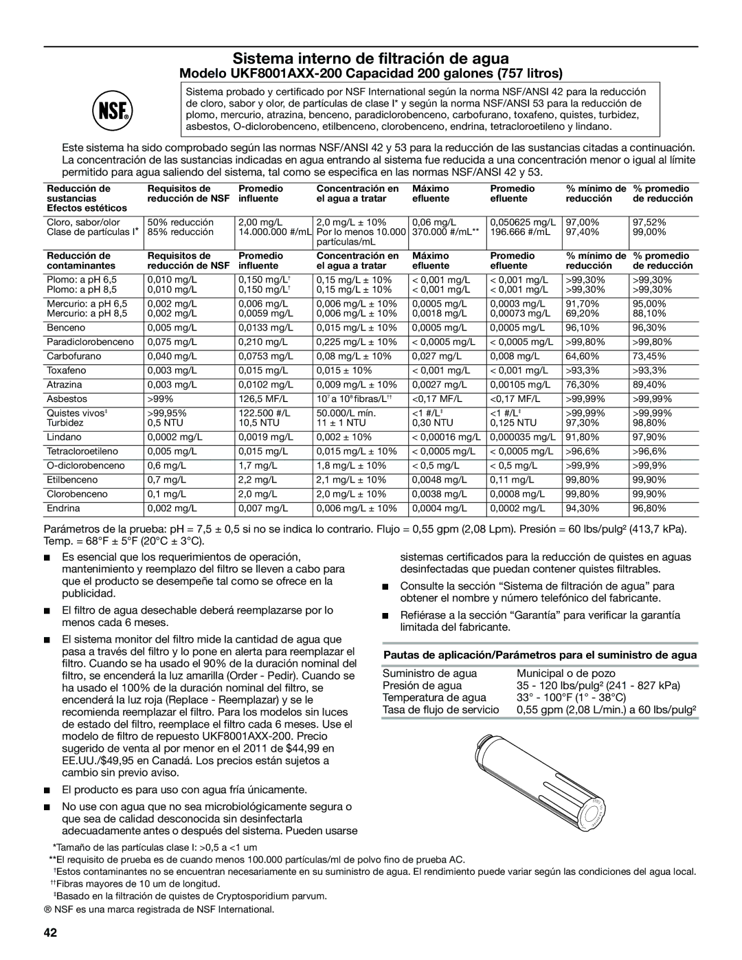 Maytag MFF2558VEM, W10366207A installation instructions Modelo UKF8001AXX-200 Capacidad 200 galones 757 litros 