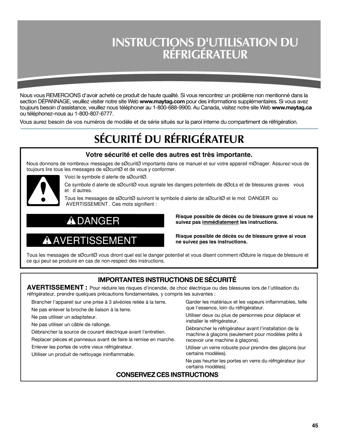 Maytag W10366207A, MFF2558VEM Instructions Dutilisation DU Réfrigérateur, Sécurité DU Réfrigérateur 