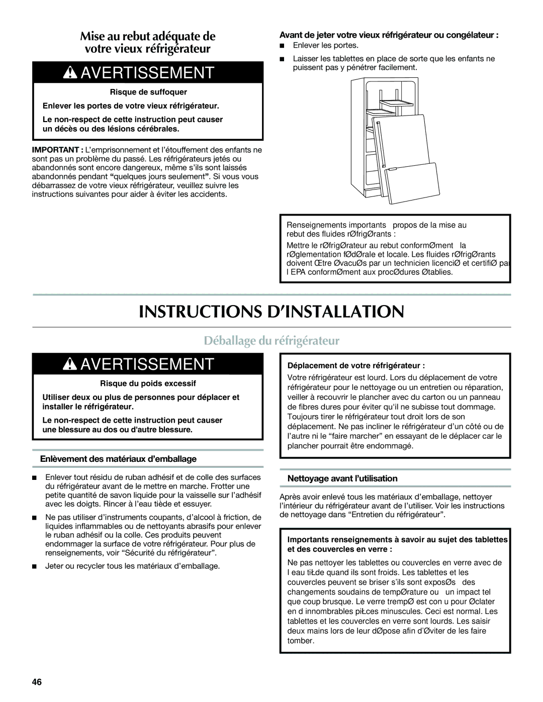 Maytag MFF2558VEM Instructions D’INSTALLATION, Déballage du réfrigérateur, Enlèvement des matériaux d’emballage 