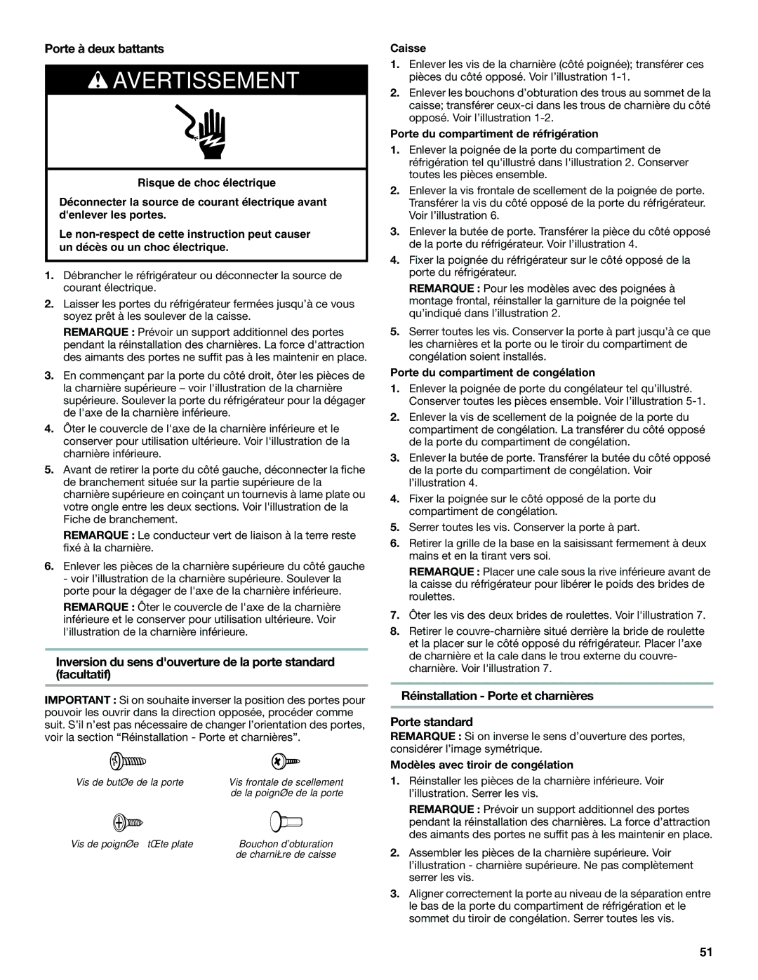 Maytag W10366207A Réinstallation Porte et charnières Porte standard, Caisse, Porte du compartiment de réfrigération 