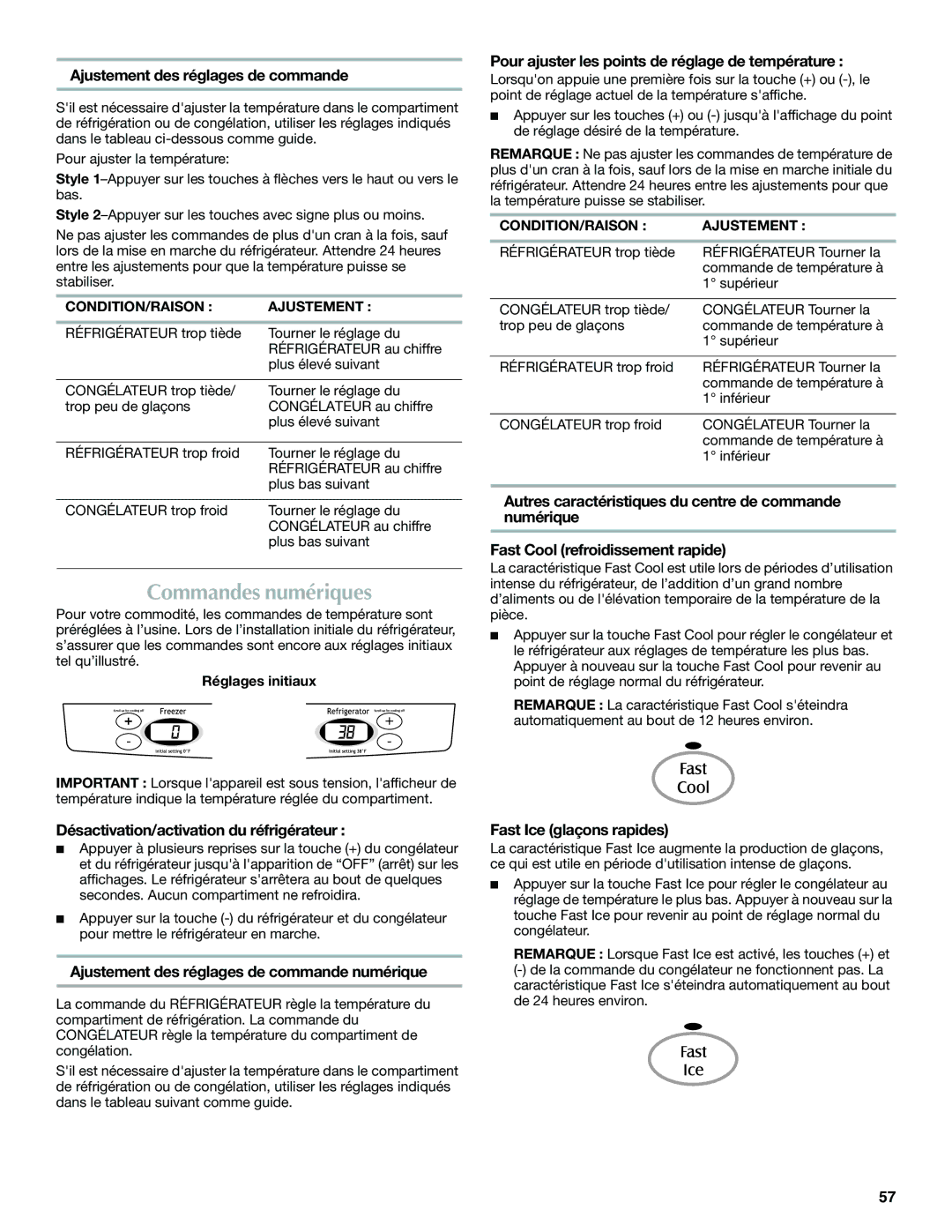 Maytag W10366207A Commandes numériques, Ajustement des réglages de commande numérique, Fast Ice glaçons rapides 