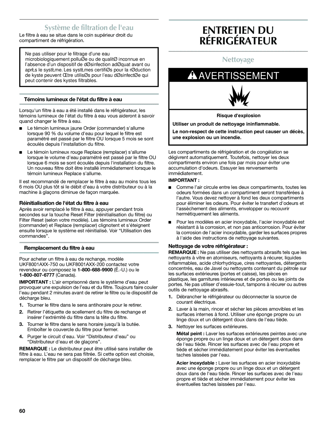 Maytag MFF2558VEM, W10366207A installation instructions Entretien DU Réfrigérateur, Système de filtration de leau, Nettoyage 