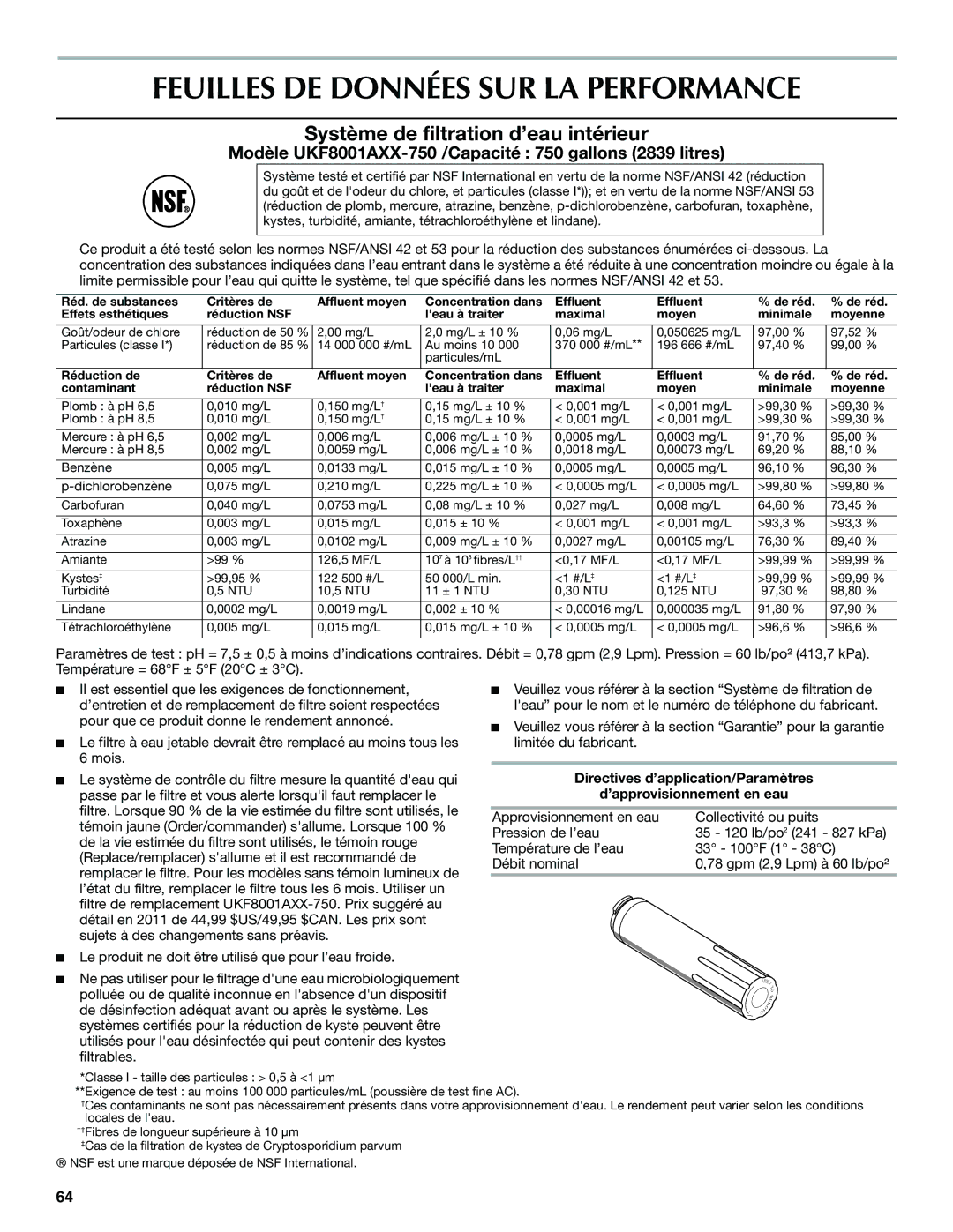 Maytag MFF2558VEM, W10366207A Feuilles DE Données SUR LA Performance, Système de filtration d’eau intérieur 