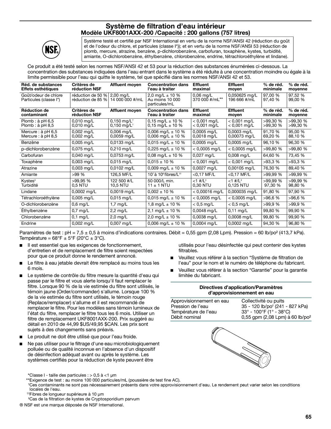 Maytag W10366207A, MFF2558VEM installation instructions Modèle UKF8001AXX-200 /Capacité 200 gallons 757 litres 