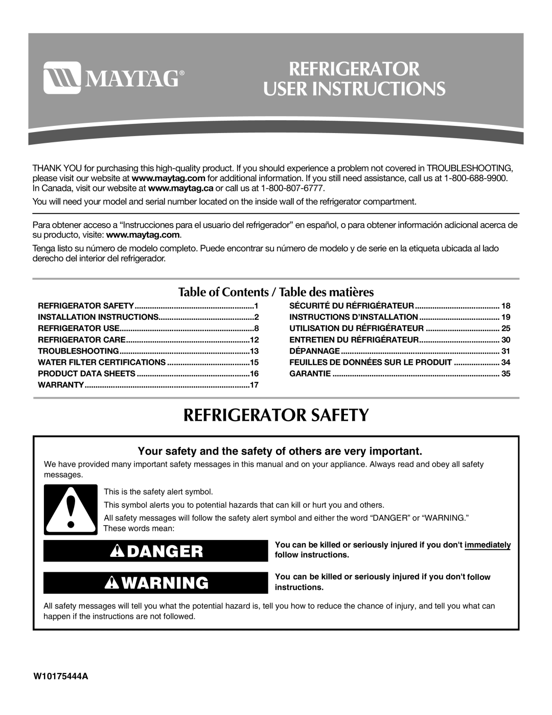 Maytag MFI2067AEW installation instructions Refrigerator User Instructions, Refrigerator Safety 