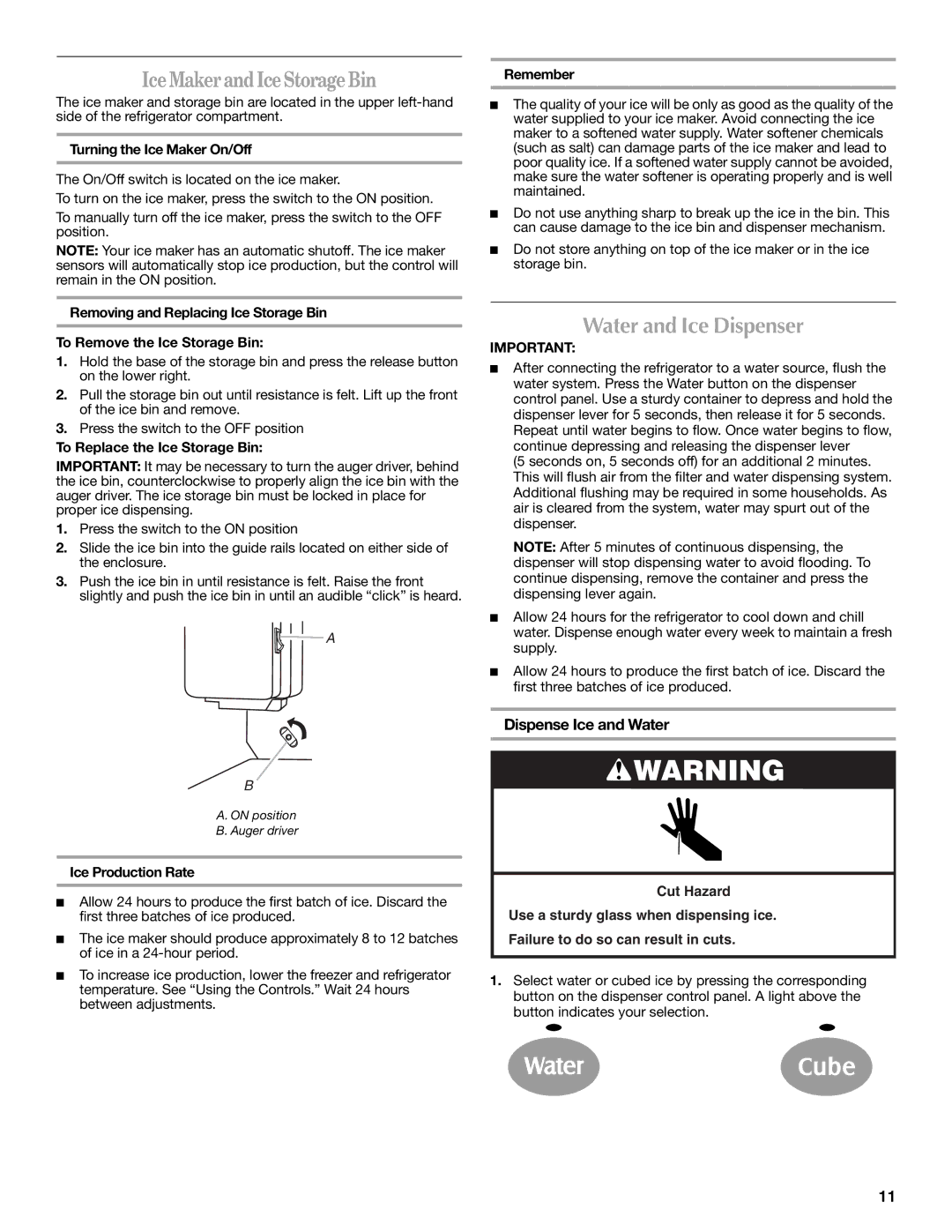 Maytag MFI2067AEW installation instructions Water and Ice Dispenser, Dispense Ice and Water 