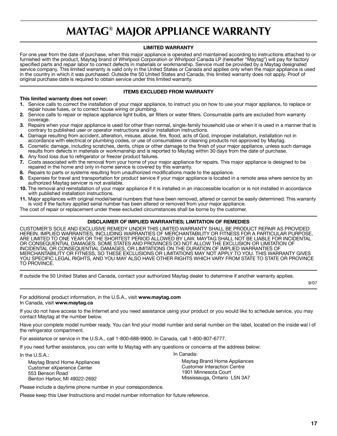 Maytag MFI2067AEW installation instructions Maytag Major Appliance Warranty, Limited Warranty, Items Excluded from Warranty 