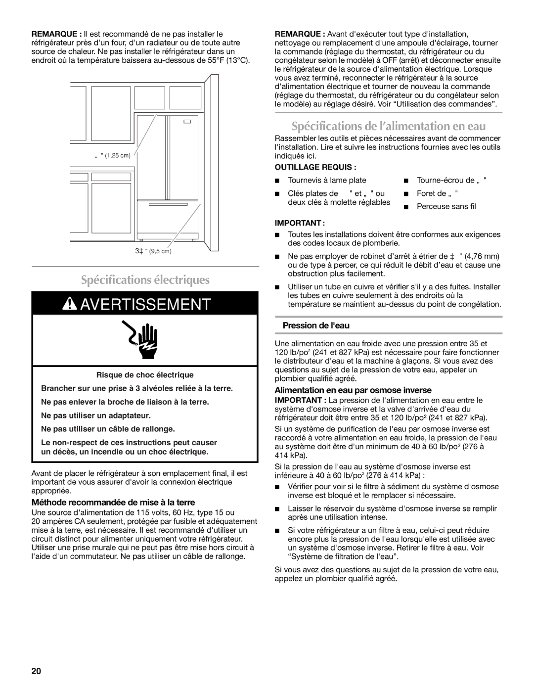 Maytag MFI2067AEW Spécifications électriques, Spécifications de l’alimentation en eau, Pression de leau 