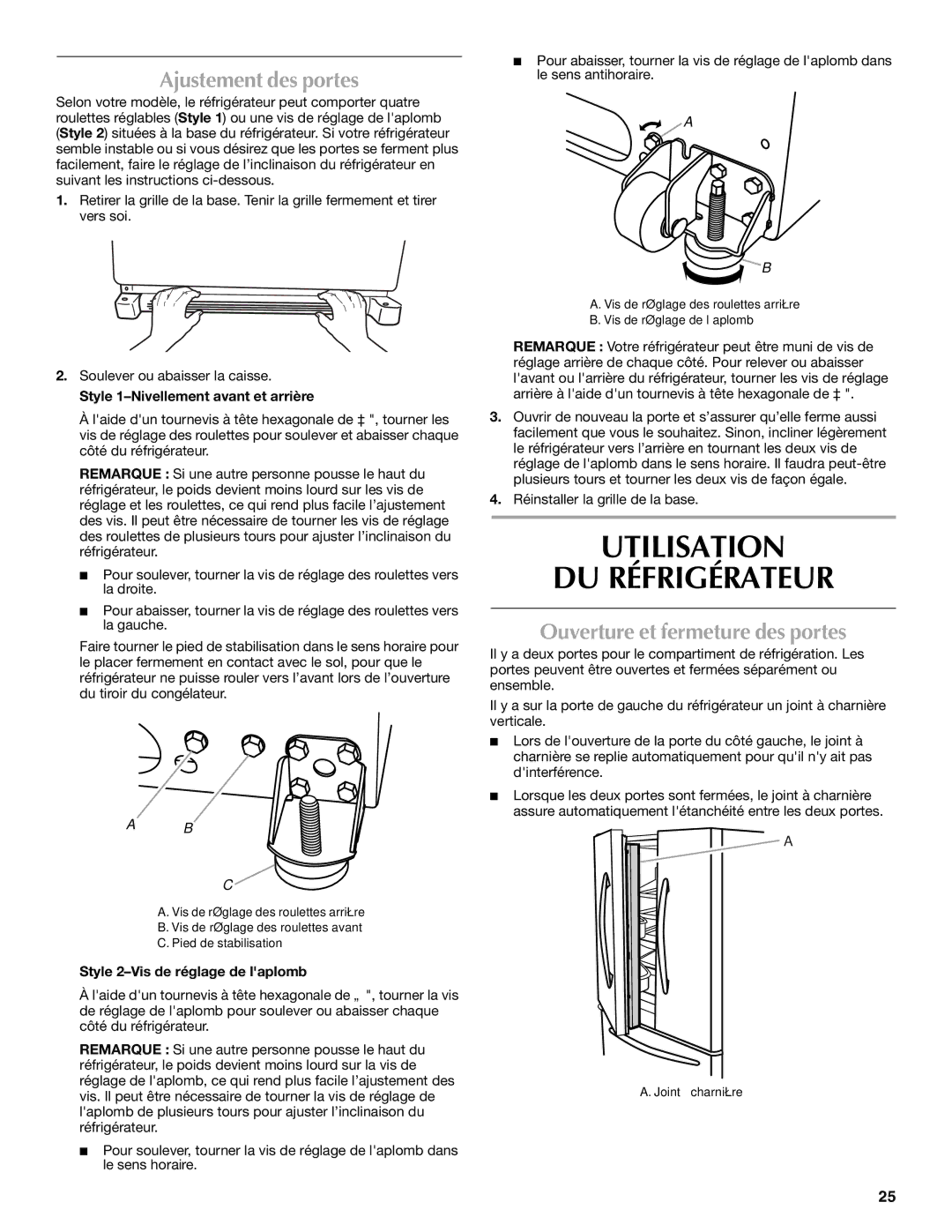 Maytag MFI2067AEW Utilisation DU Réfrigérateur, Ajustement des portes, Ouverture et fermeture des portes 