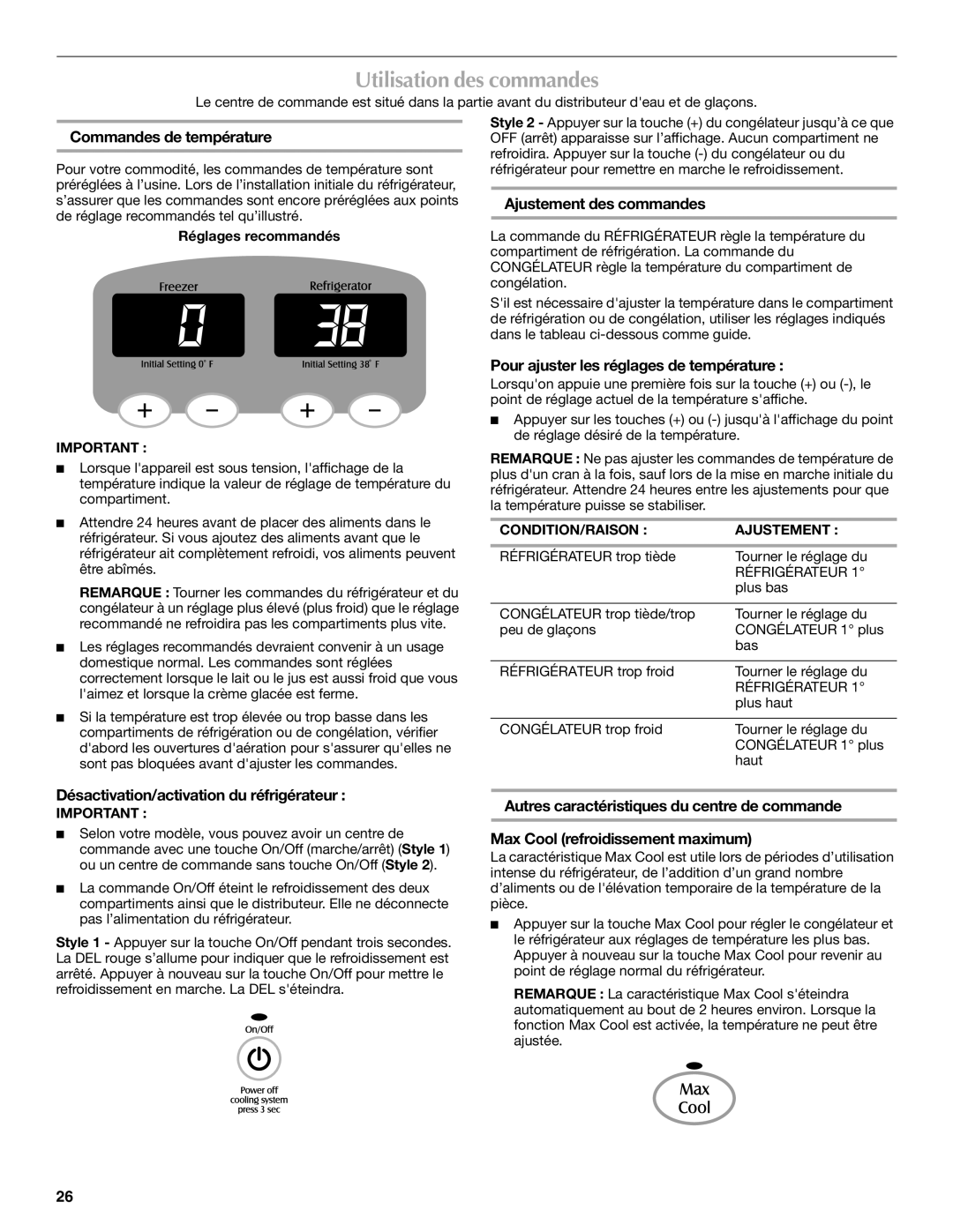 Maytag MFI2067AEW installation instructions Utilisation des commandes, Commandes de température, Ajustement des commandes 