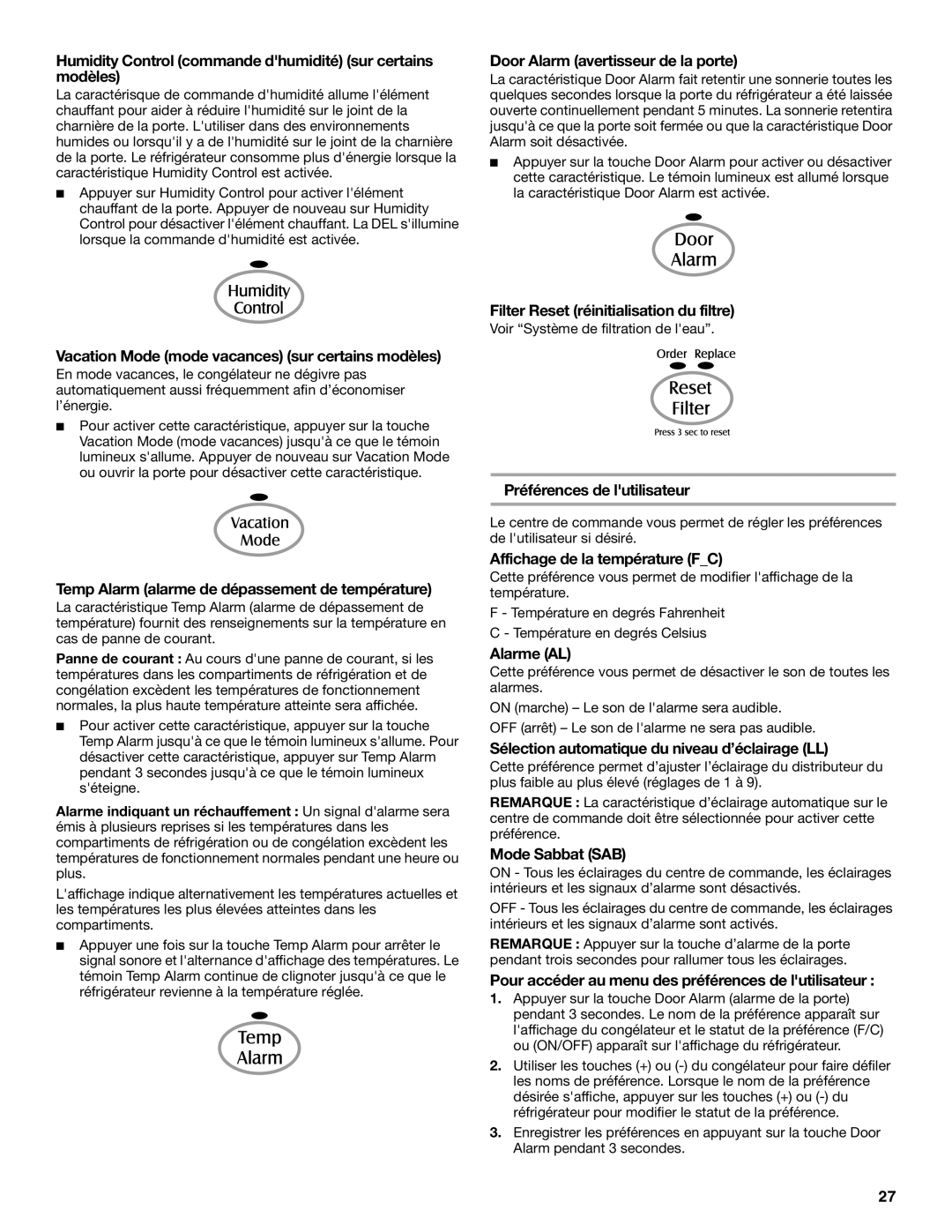 Maytag MFI2067AEW Humidity Control commande dhumidité sur certains modèles, Door Alarm avertisseur de la porte, Alarme AL 