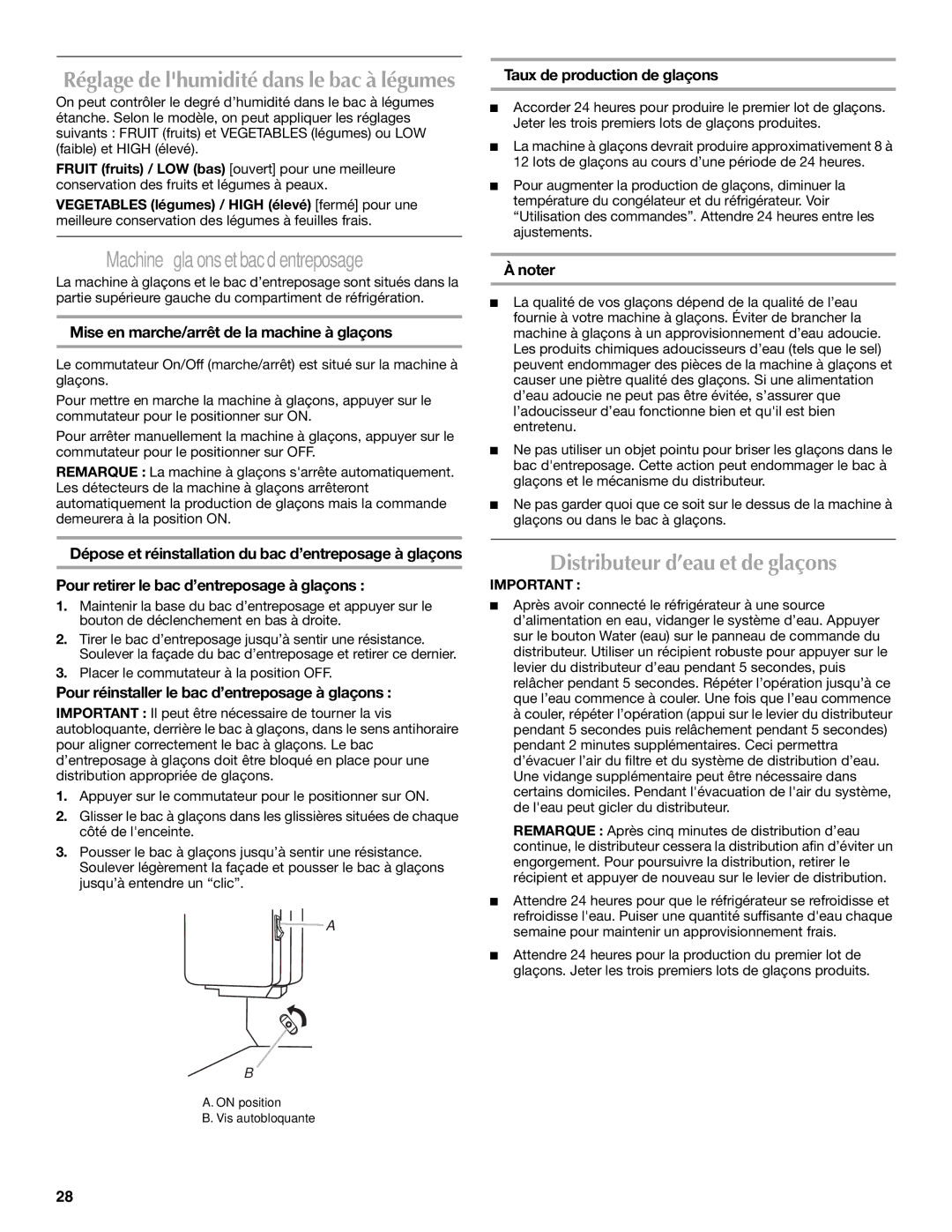 Maytag MFI2067AEW installation instructions Distributeur d’eau et de glaçons, Mise en marche/arrêt de la machine à glaçons 