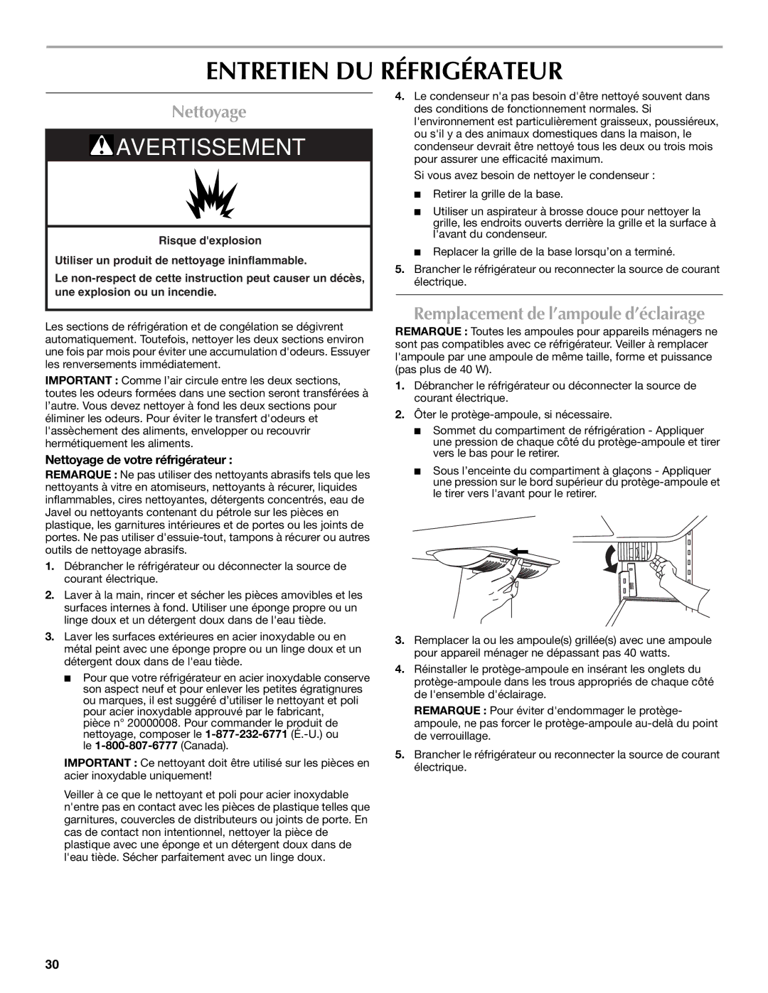 Maytag MFI2067AEW installation instructions Entretien DU Réfrigérateur, Nettoyage, Remplacement de l’ampoule d’éclairage 