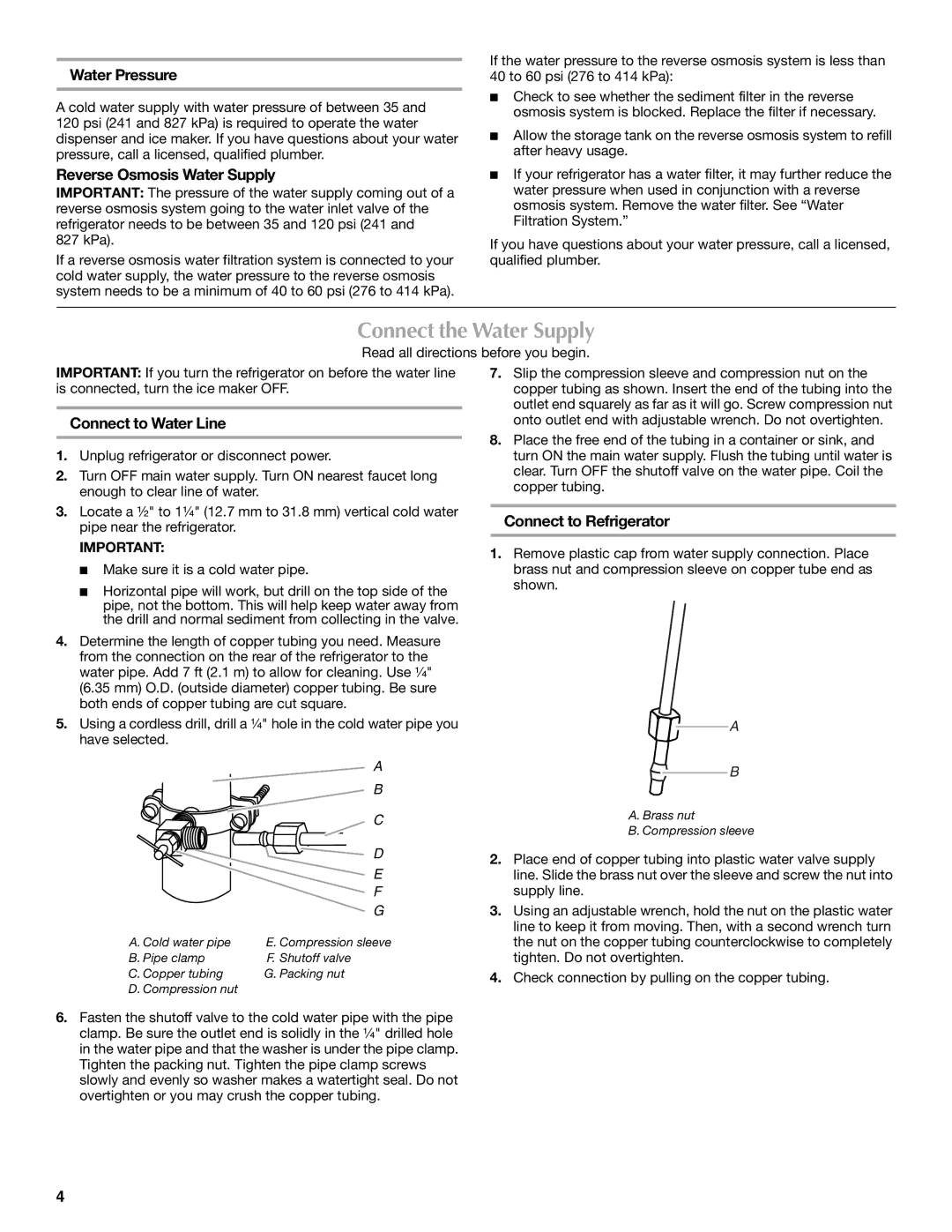 Maytag MFI2067AEW Connect the Water Supply, Water Pressure, Reverse Osmosis Water Supply, Connect to Water Line 