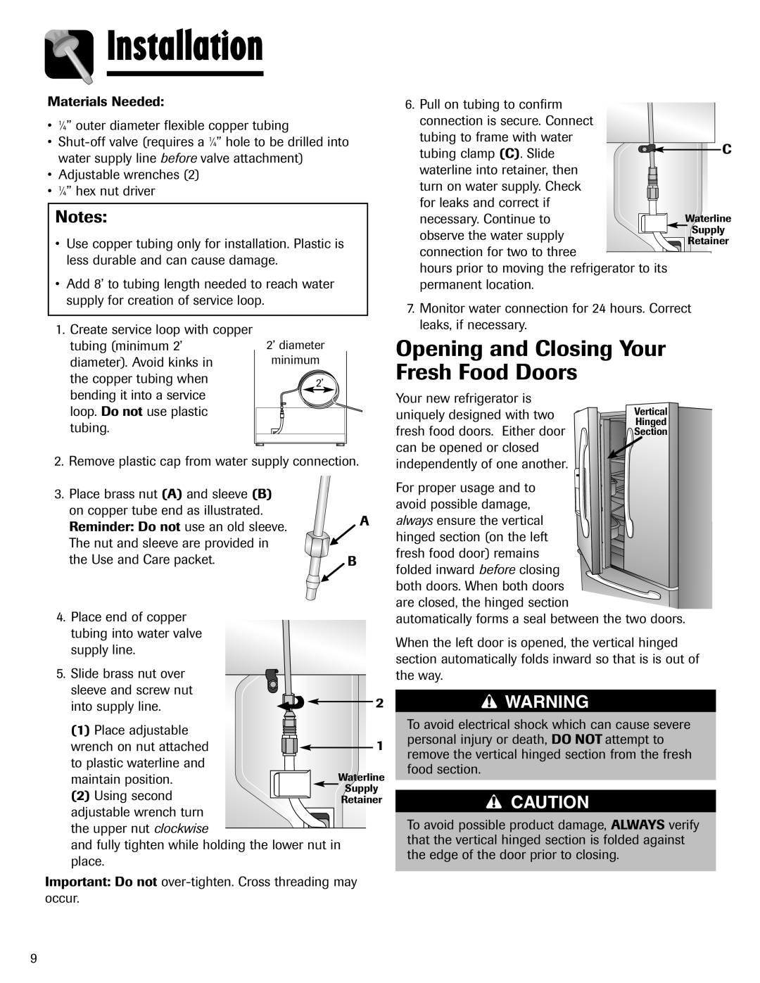 Maytag MFI2266AEW Opening and Closing Your Fresh Food Doors, Installation, loop. Do not use plastic 