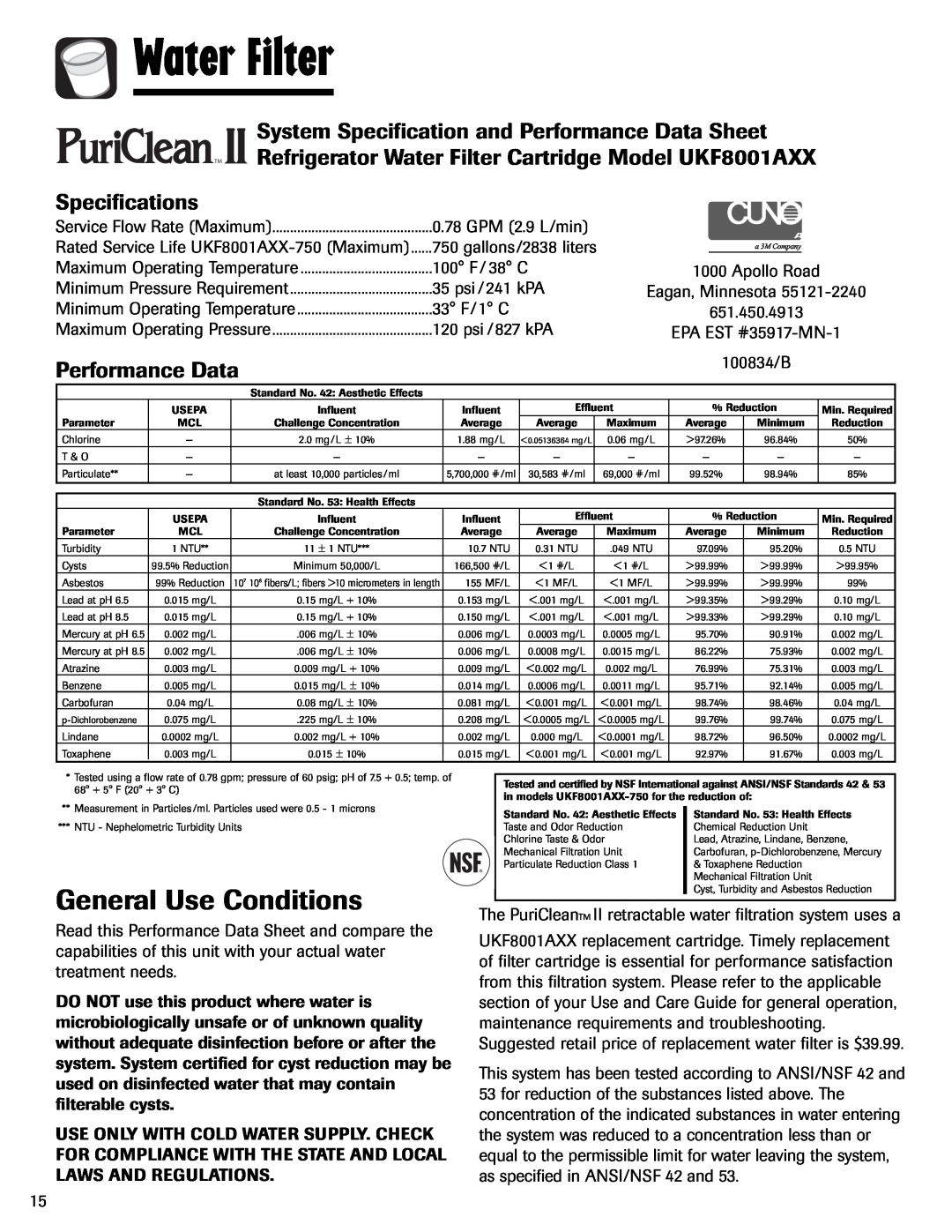 Maytag MFI2266AEW General Use Conditions, System Specification and Performance Data Sheet, Specifications, Water Filter 