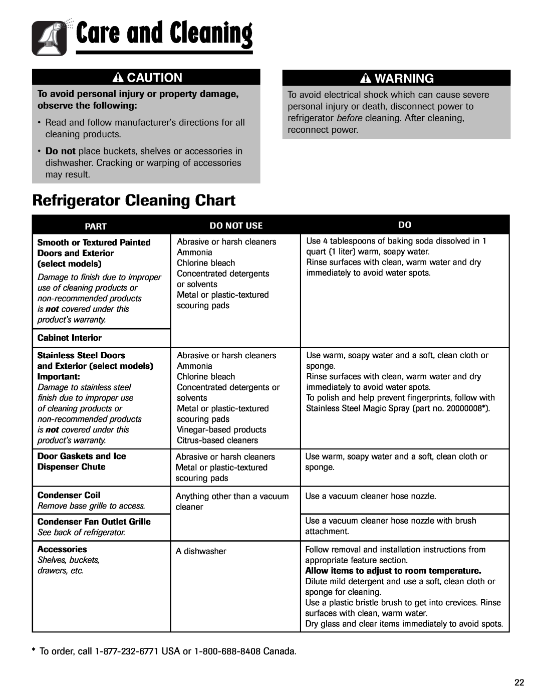 Maytag MFI2266AEW important safety instructions Care and Cleaning, Refrigerator Cleaning Chart, Part, Do Not Use 