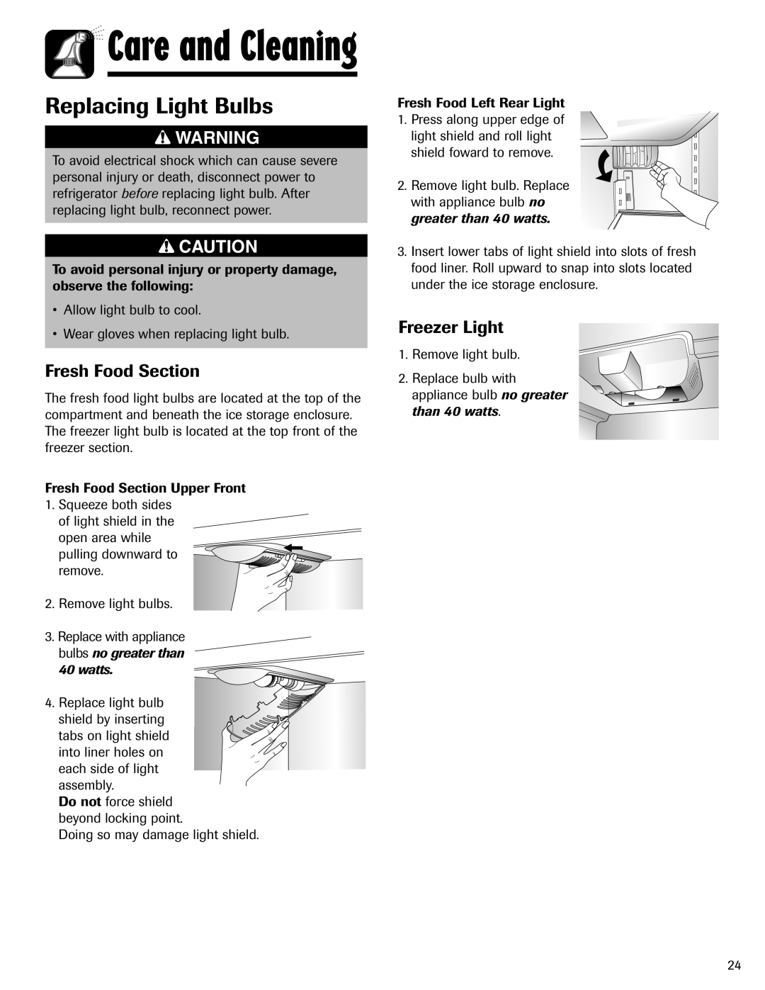 Maytag MFI2266AEW important safety instructions Replacing Light Bulbs, Fresh Food Section, Freezer Light, Care and Cleaning 