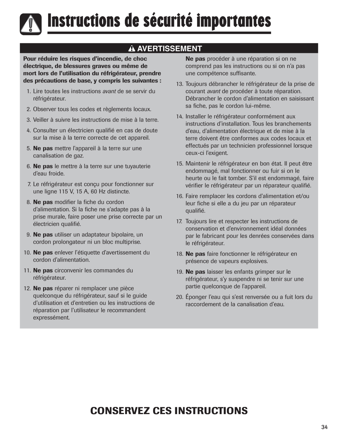 Maytag MFI2266AEW Conservez Ces Instructions, Instructions de sécurité importantes, Avertissement 