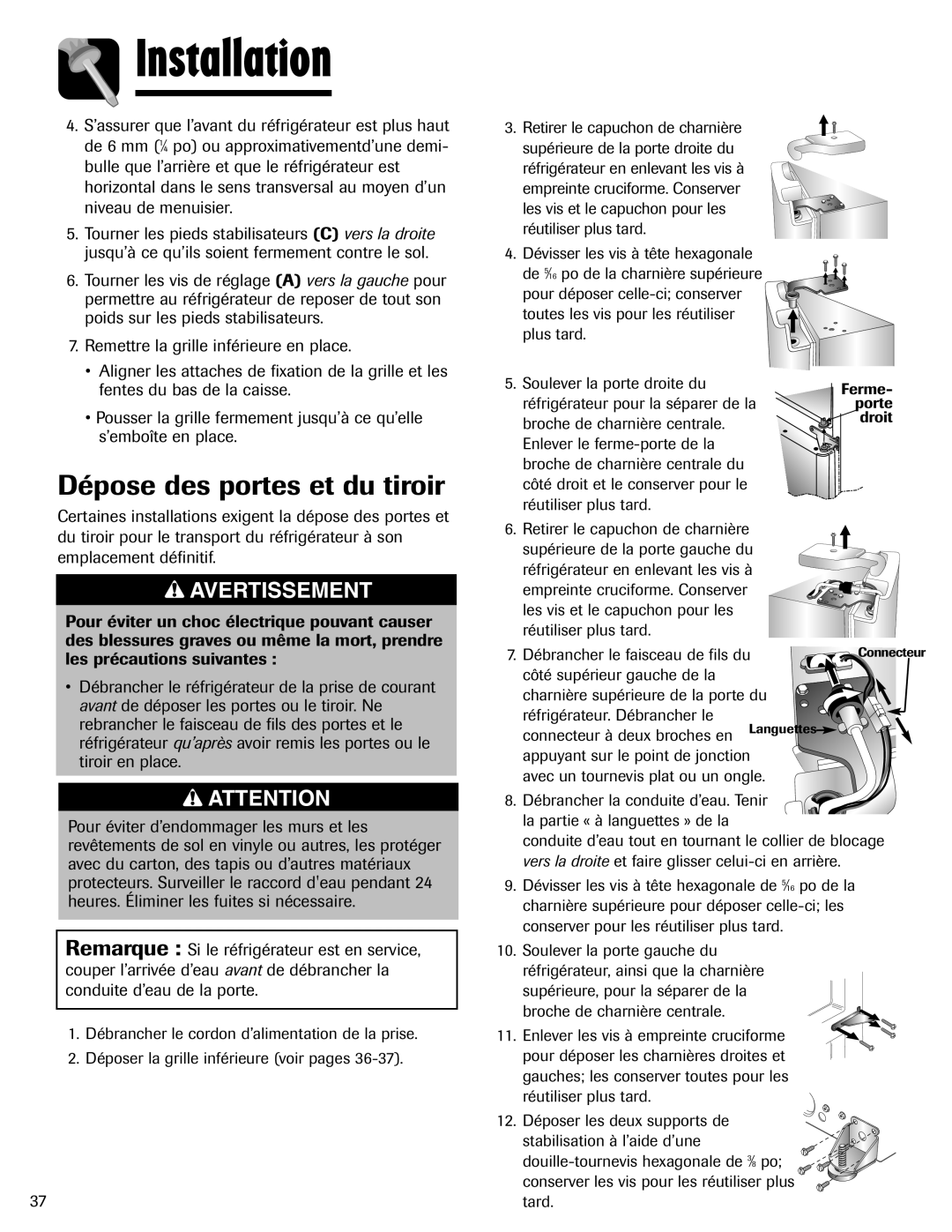 Maytag MFI2266AEW important safety instructions Dépose des portes et du tiroir, Installation, Avertissement 