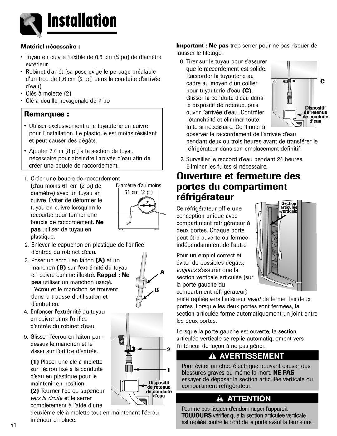 Maytag MFI2266AEW Ouverture et fermeture des portes du compartiment réfrigérateur, Installation, Remarques, Avertissement 
